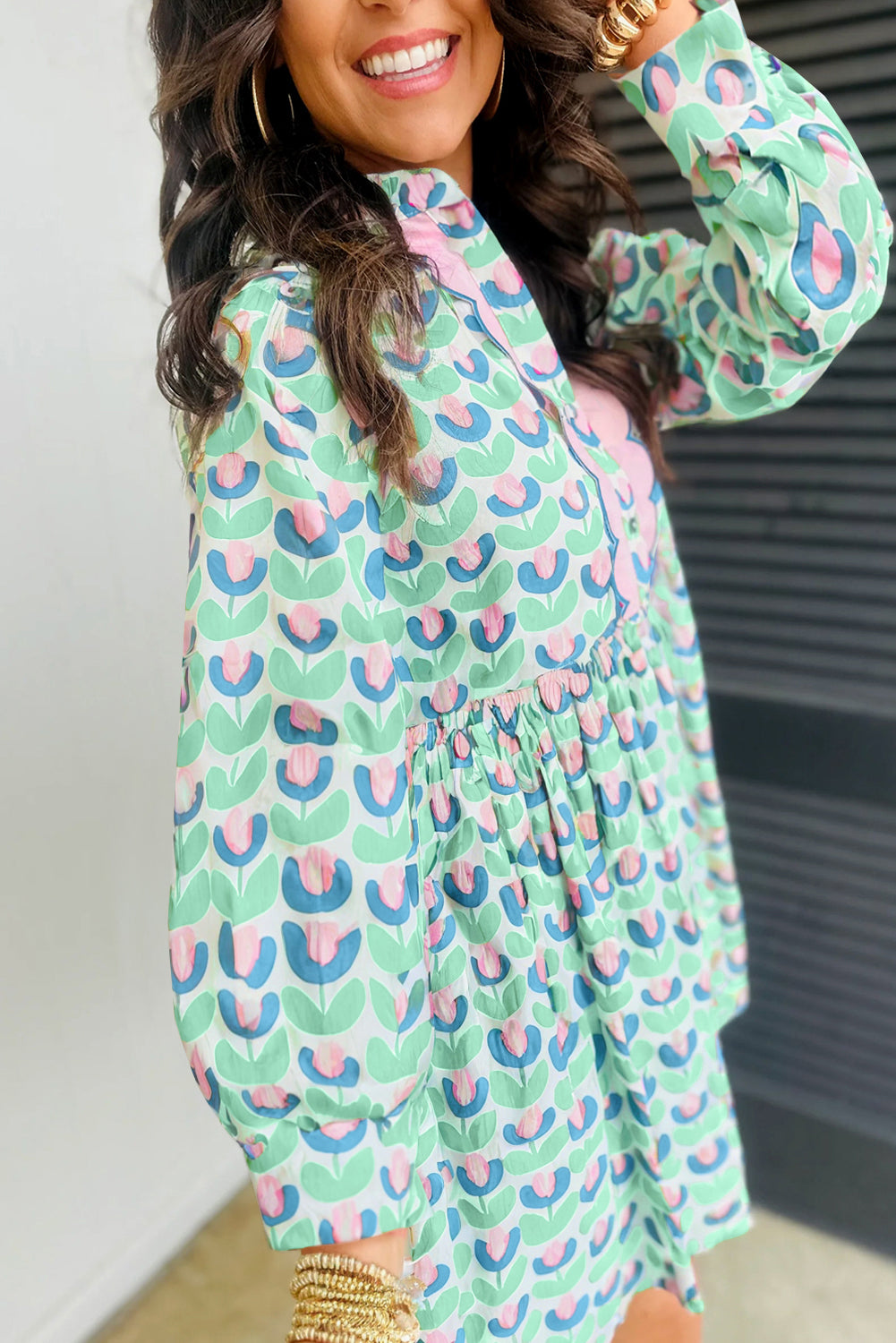 Green Floral Print Notched Neck Scalloped Detail Long Sleeve Mini Dress-TOPS / DRESSES-[Adult]-[Female]-2022 Online Blue Zone Planet
