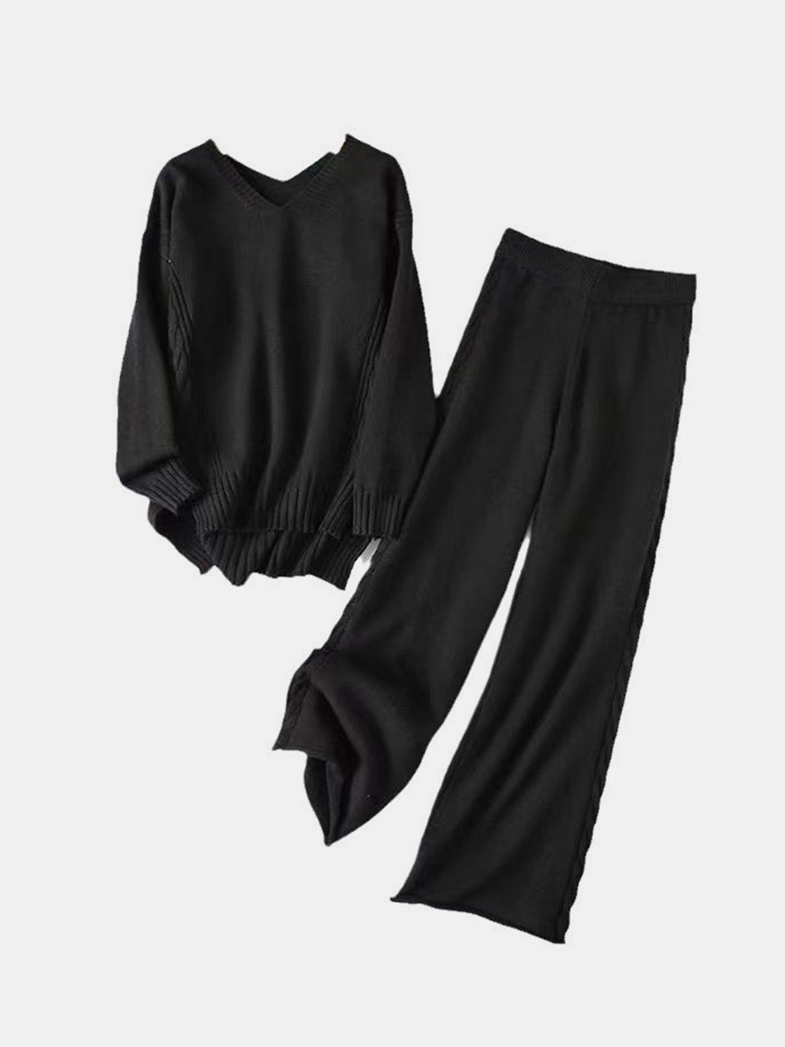 Slit V-Neck Long Sleeve Top and Pants Sweater Set-TOPS / DRESSES-[Adult]-[Female]-Black-One Size-2022 Online Blue Zone Planet