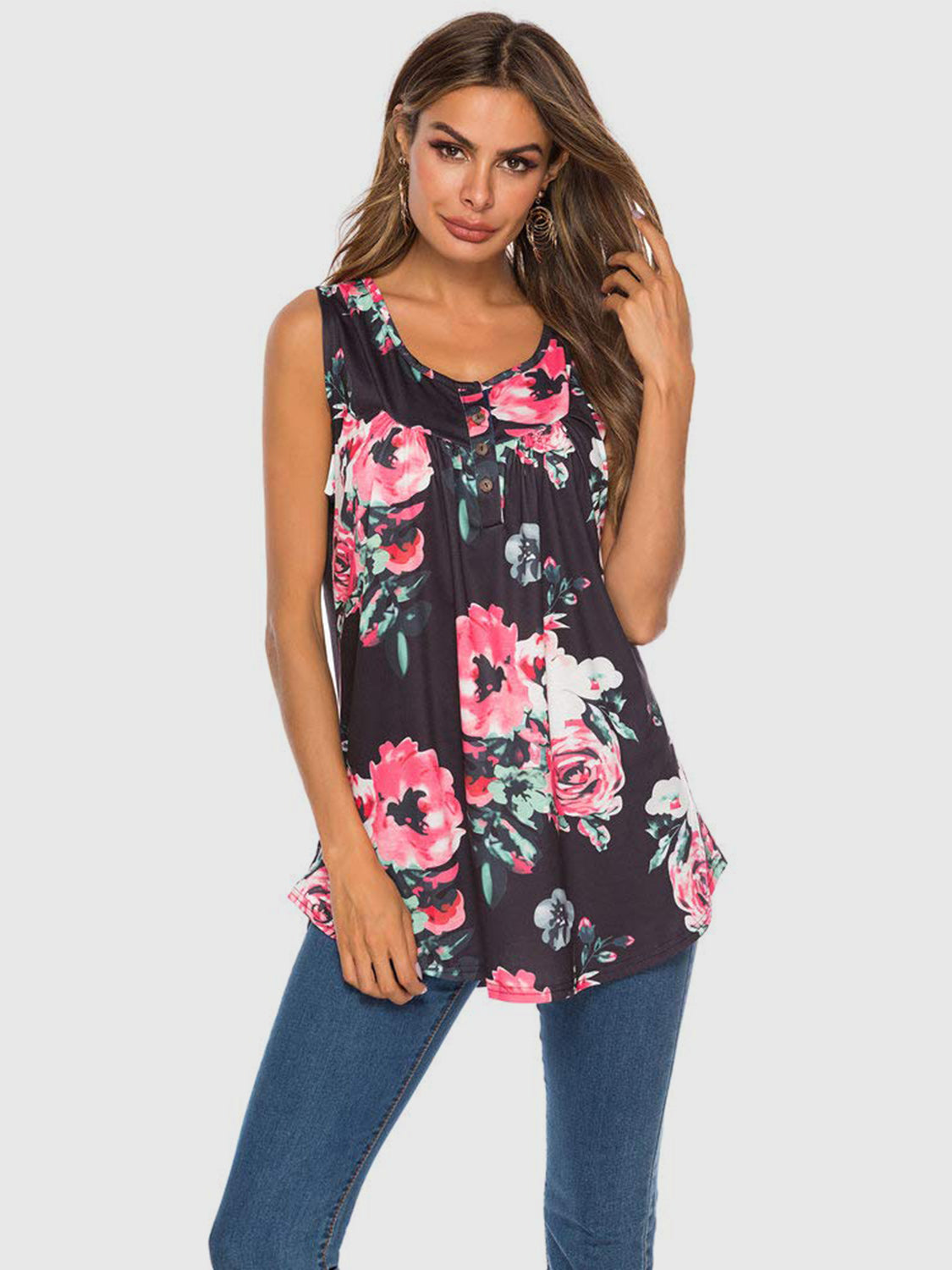 Flower Printed Round Neck Tank-TOPS / DRESSES-[Adult]-[Female]-Black-S-2022 Online Blue Zone Planet