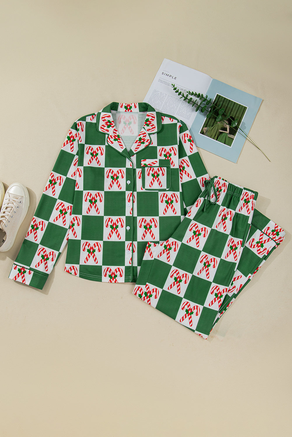 Green Candy Cane Checkered Pattern Christmas Pajama Set-Loungewear Set-[Adult]-[Female]-2022 Online Blue Zone Planet