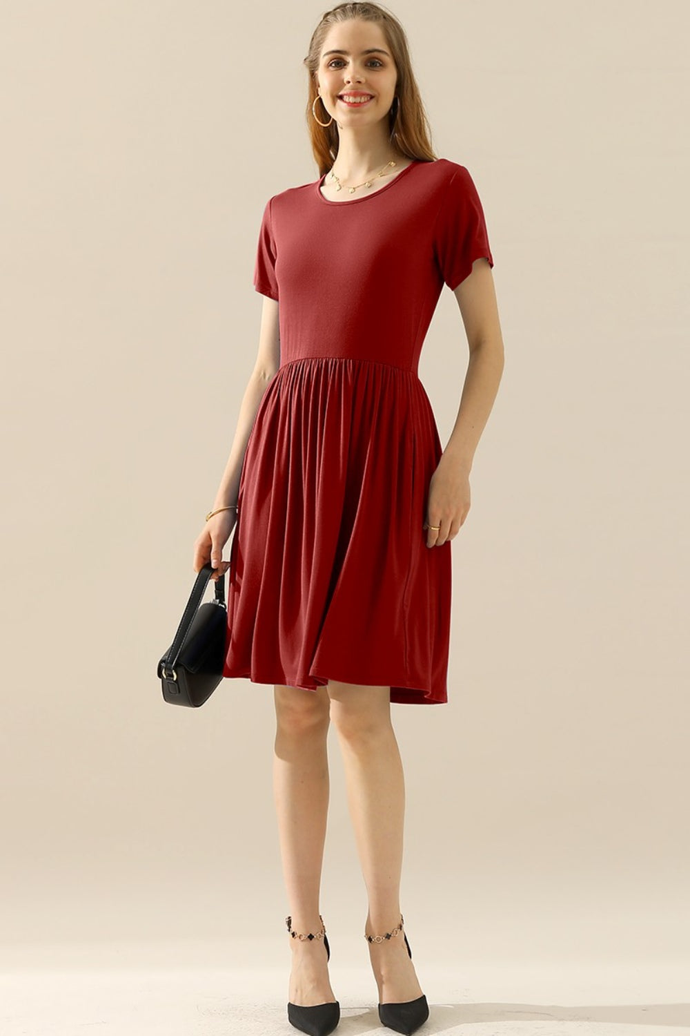 Ninexis Full Size Round Neck Ruched Dress with Pockets-TOPS / DRESSES-[Adult]-[Female]-BURGUNDY-S-2022 Online Blue Zone Planet