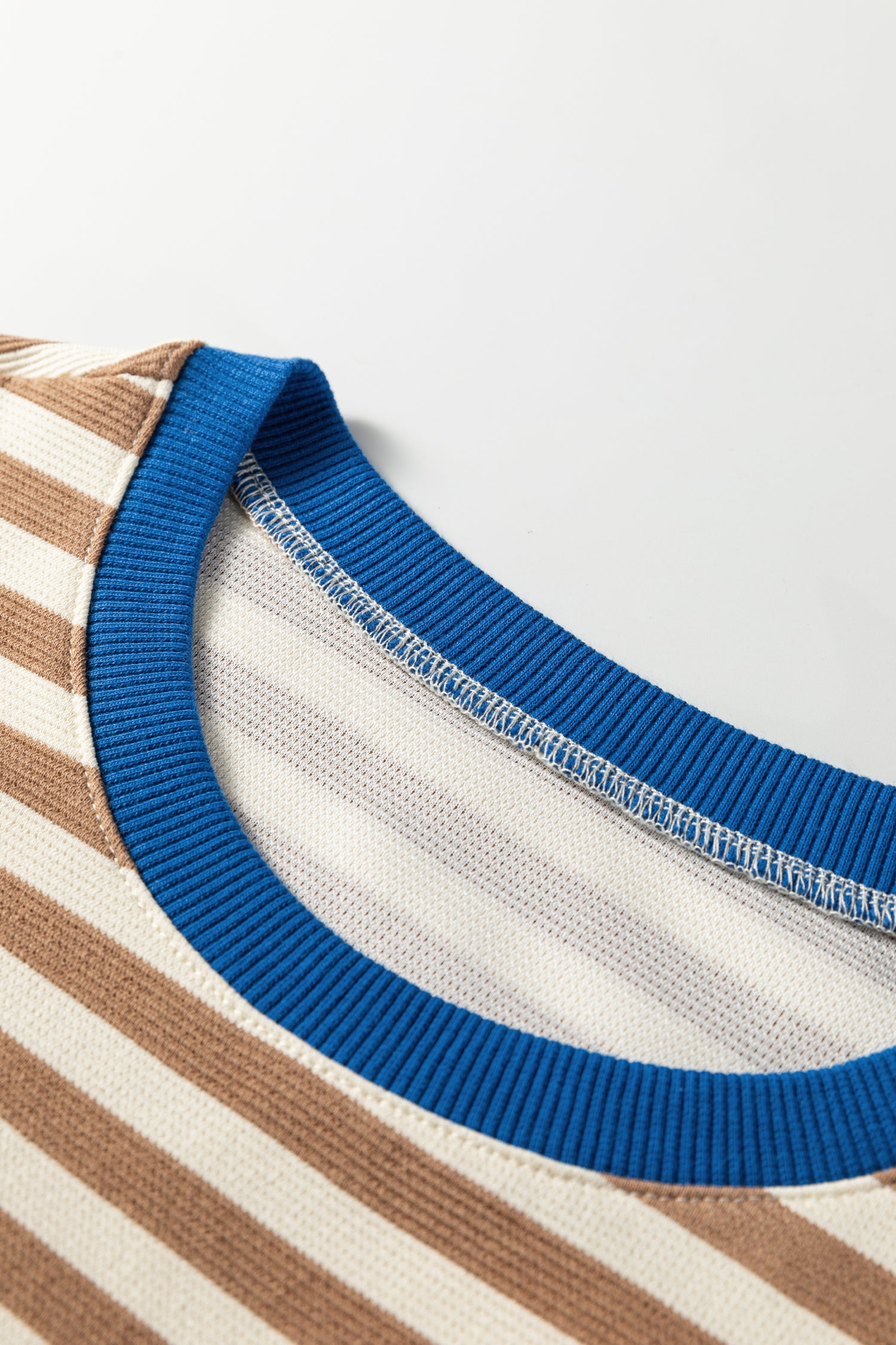 Brown Stripe Short Puff Sleeve Contrast Trim Round Neck Tee-Tops/Tops & Tees-[Adult]-[Female]-2022 Online Blue Zone Planet