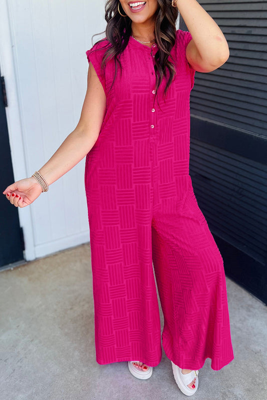 Blue Zone Planet |  Bright Pink Terry Textured Sleeveless Button Front Wide Leg Jumpsuit