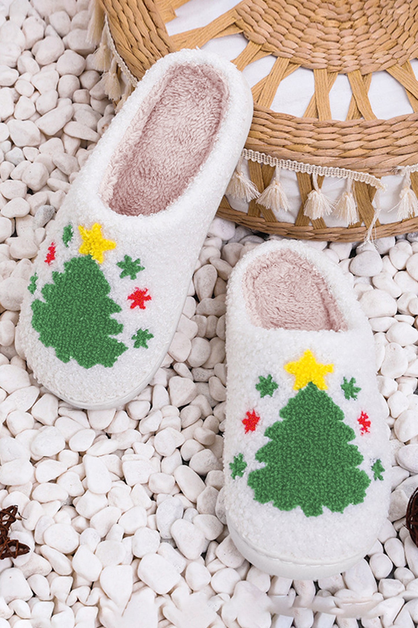 Blue Zone Planet | White Fuzzy Christmas Tree Pattern Home Slippers-Shoes & Bags/Slippers-[Adult]-[Female]-2022 Online Blue Zone Planet