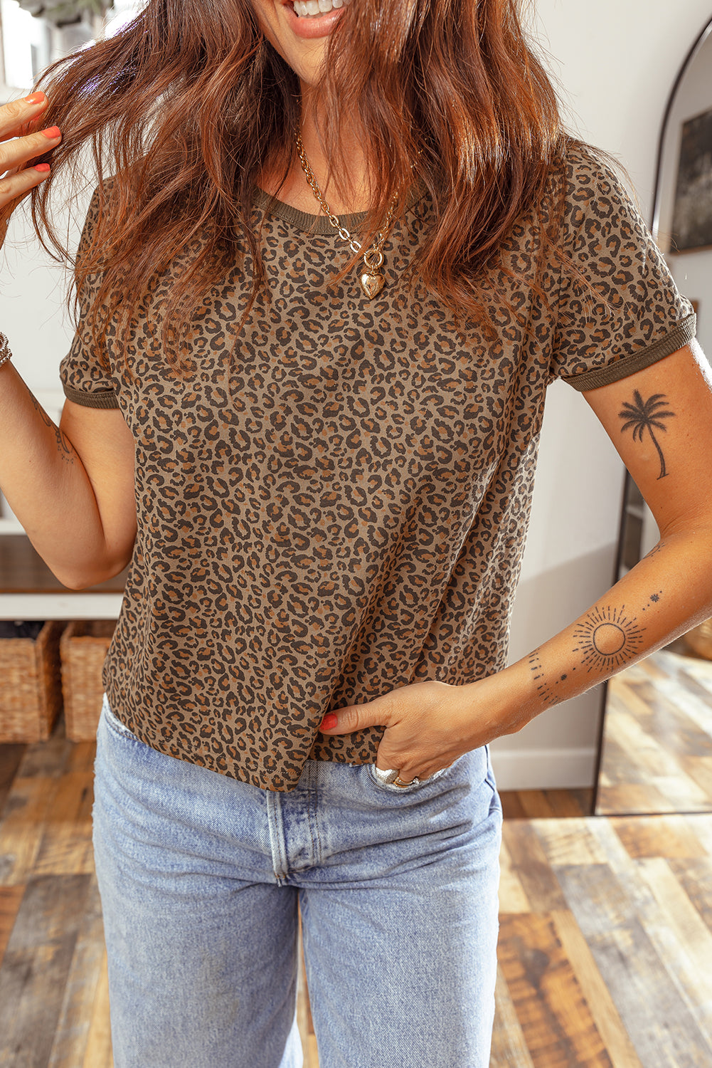 Khaki Fierce Leopard Crew Neck T Shirt