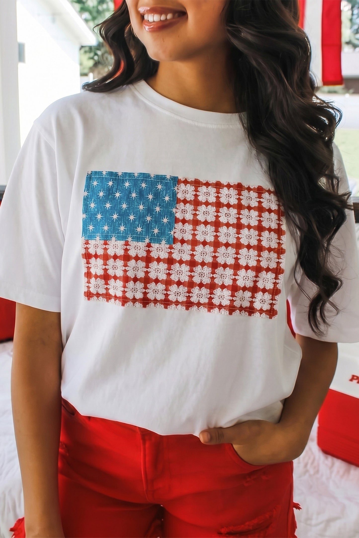 White Fancy Embroidered Patch Flag Casual T Shirt-Tops/Tops & Tees-[Adult]-[Female]-White-S-2022 Online Blue Zone Planet
