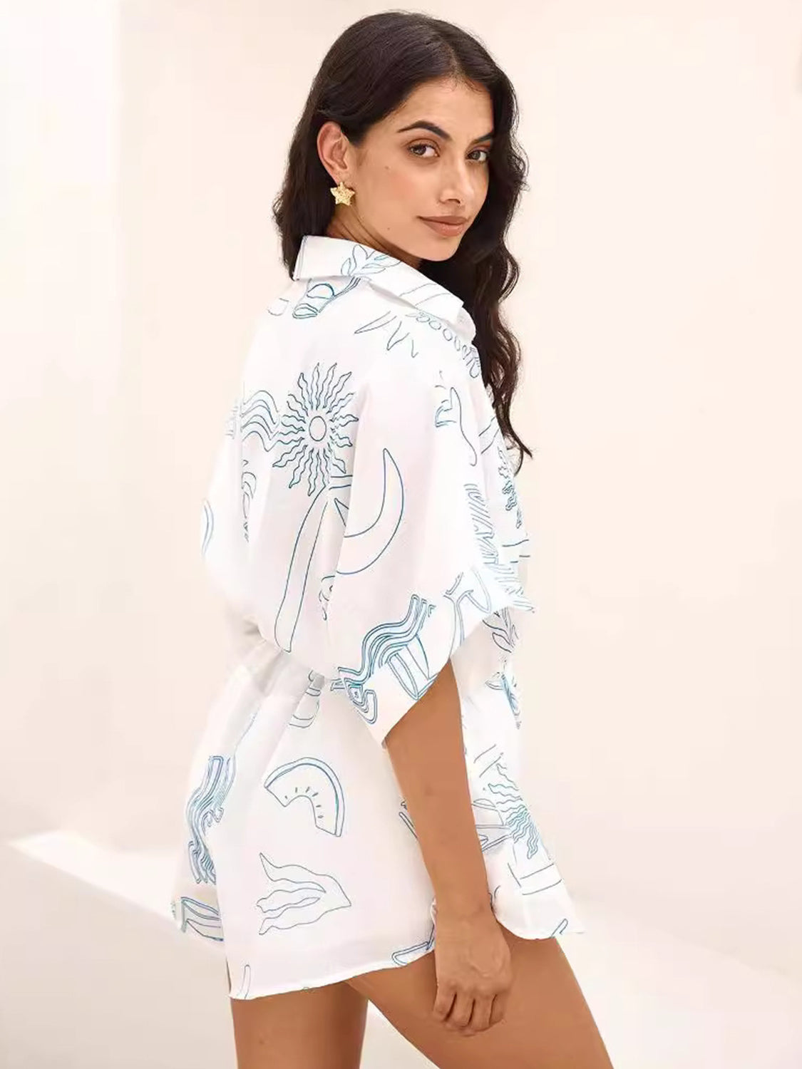 Printed Collared Neck Half Sleeve Romper-TOPS / DRESSES-[Adult]-[Female]-2022 Online Blue Zone Planet