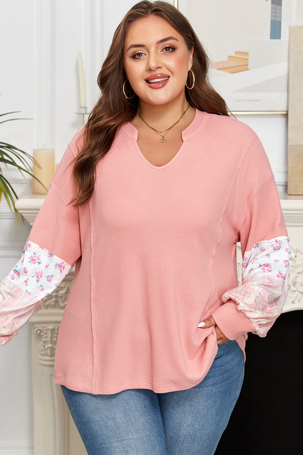 Pink Floral Sleeve Patchwork Waffle Knit Notched V Neck Plus Size Top-Plus Size/Plus Size Tops/Plus Size Long Sleeve Tops-[Adult]-[Female]-2022 Online Blue Zone Planet