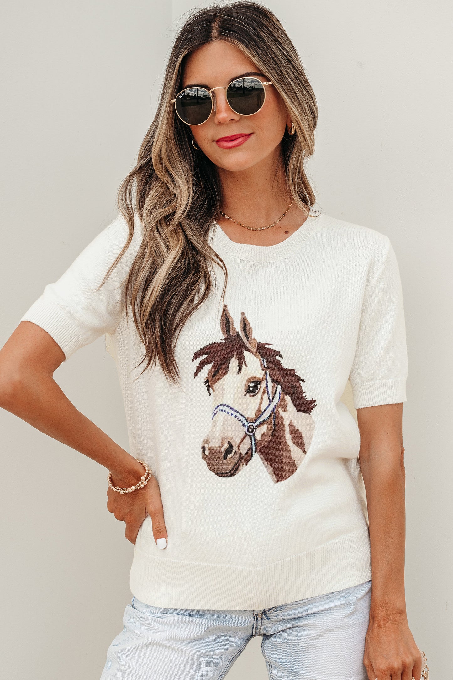 White Wild West Horse Head Printed Short Sleeve Sweater-TOPS / DRESSES-[Adult]-[Female]-2022 Online Blue Zone Planet