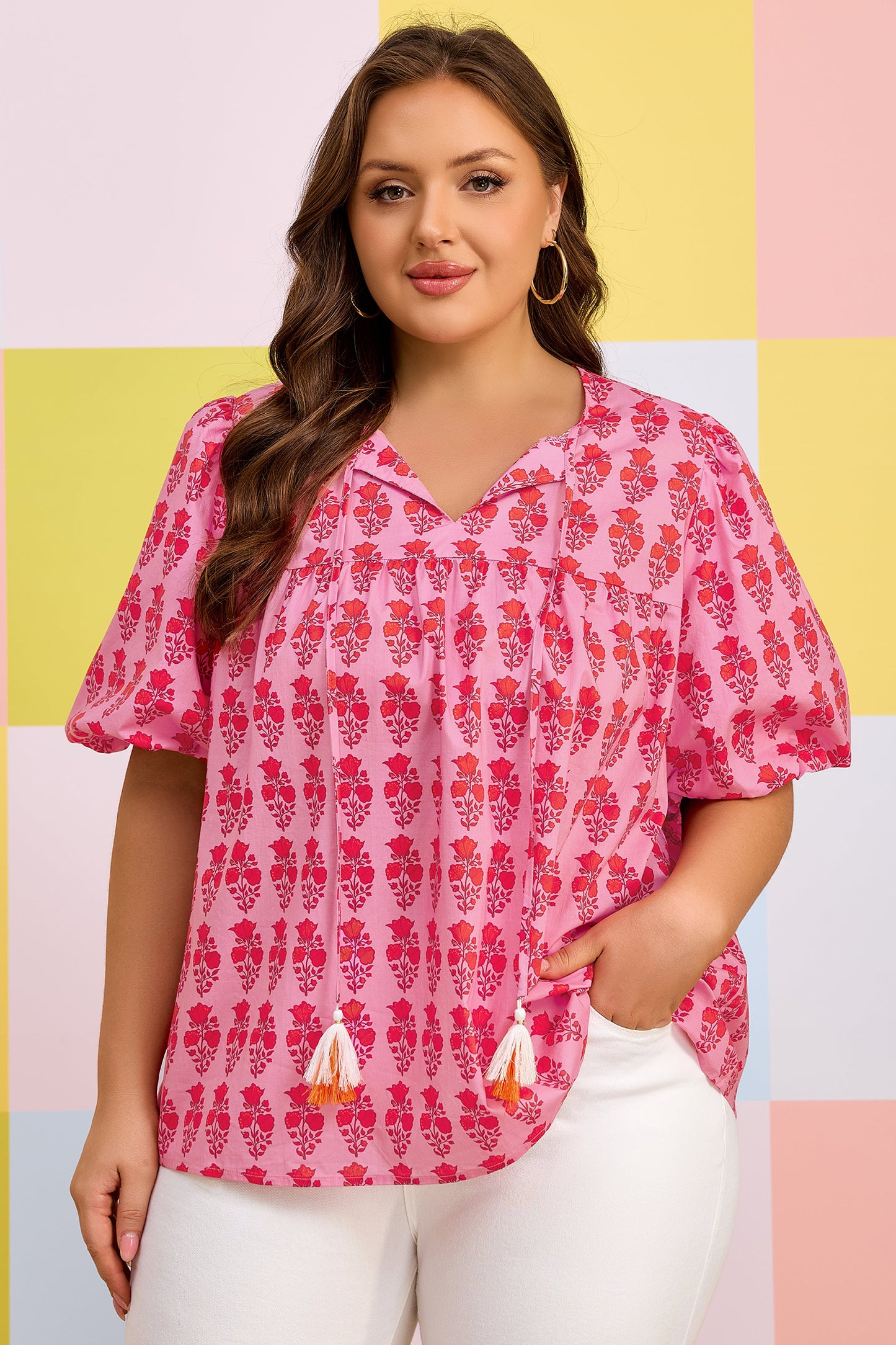 Pink Plus Size Floral Print Tassel Tie Puff Sleeve Cotton Blouse-Plus Size/Plus Size Tops/Plus Size Blouses & Shirts-[Adult]-[Female]-2022 Online Blue Zone Planet