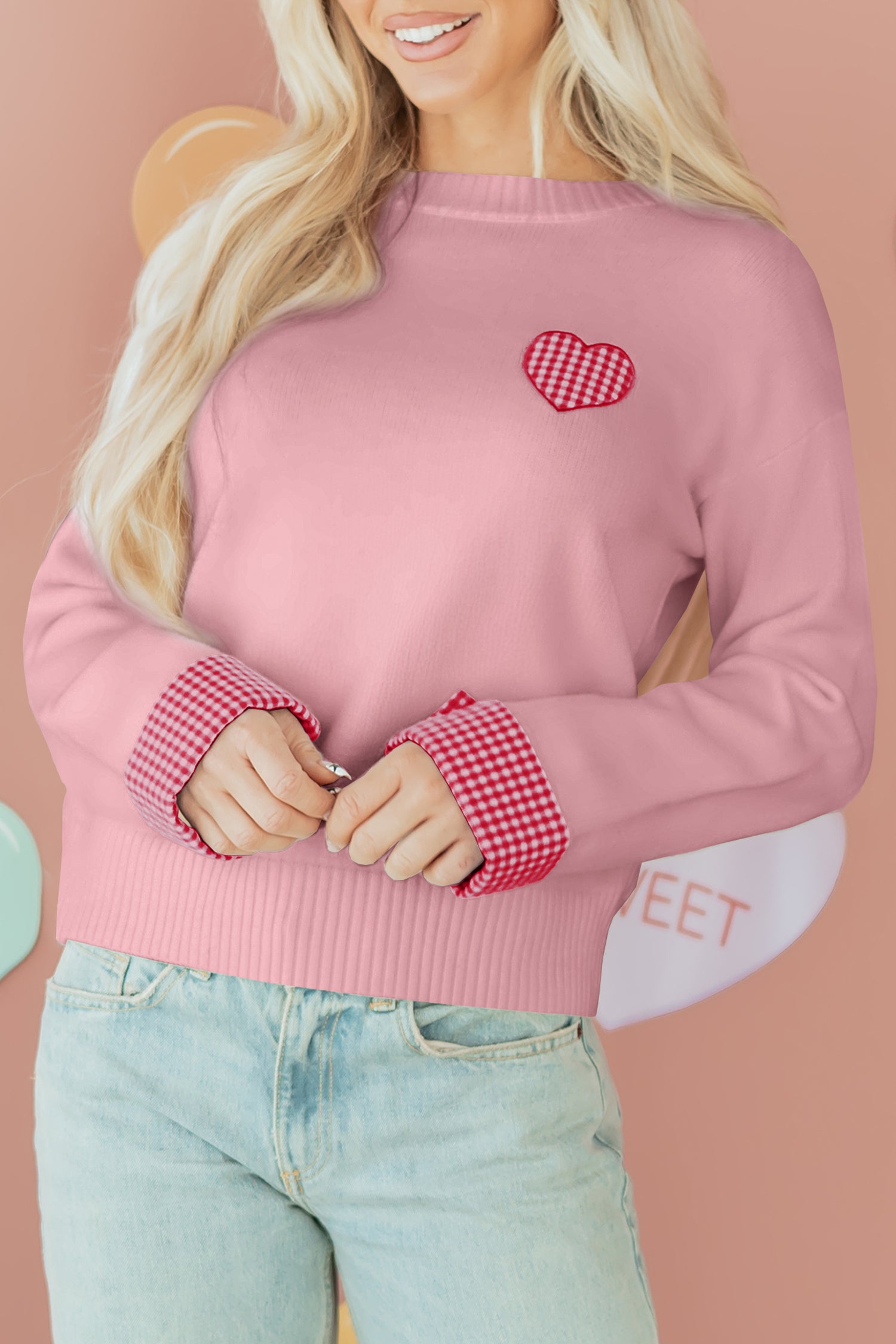 Light Pink Plaid Heart Embroidered Cuffed Drop Shoulder Crew Neck Sweater-Sweaters & Cardigans/Sweaters-[Adult]-[Female]-2022 Online Blue Zone Planet