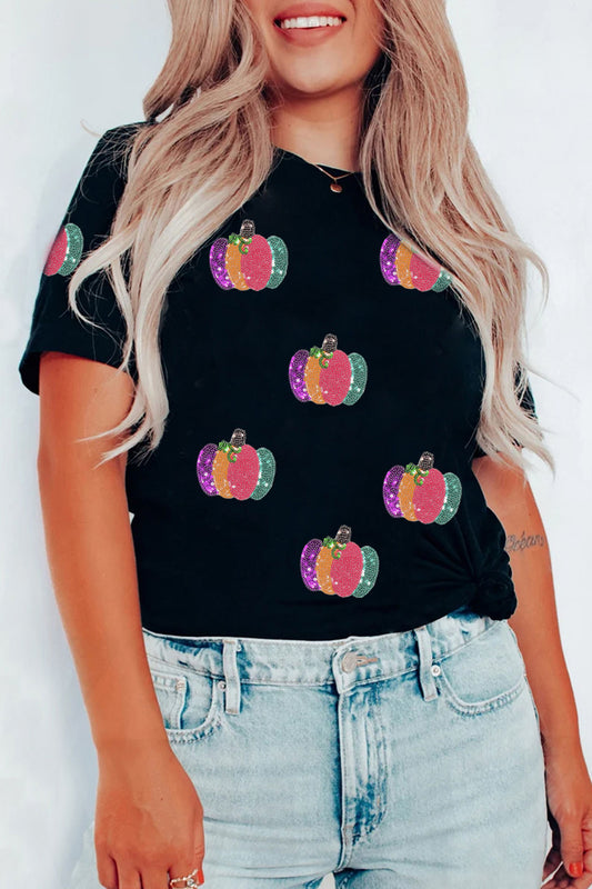 Black Sequined Pumpkin Graphic Round Neck Casual T Shirt-Graphic/Graphic Tees-[Adult]-[Female]-Black-S-2022 Online Blue Zone Planet