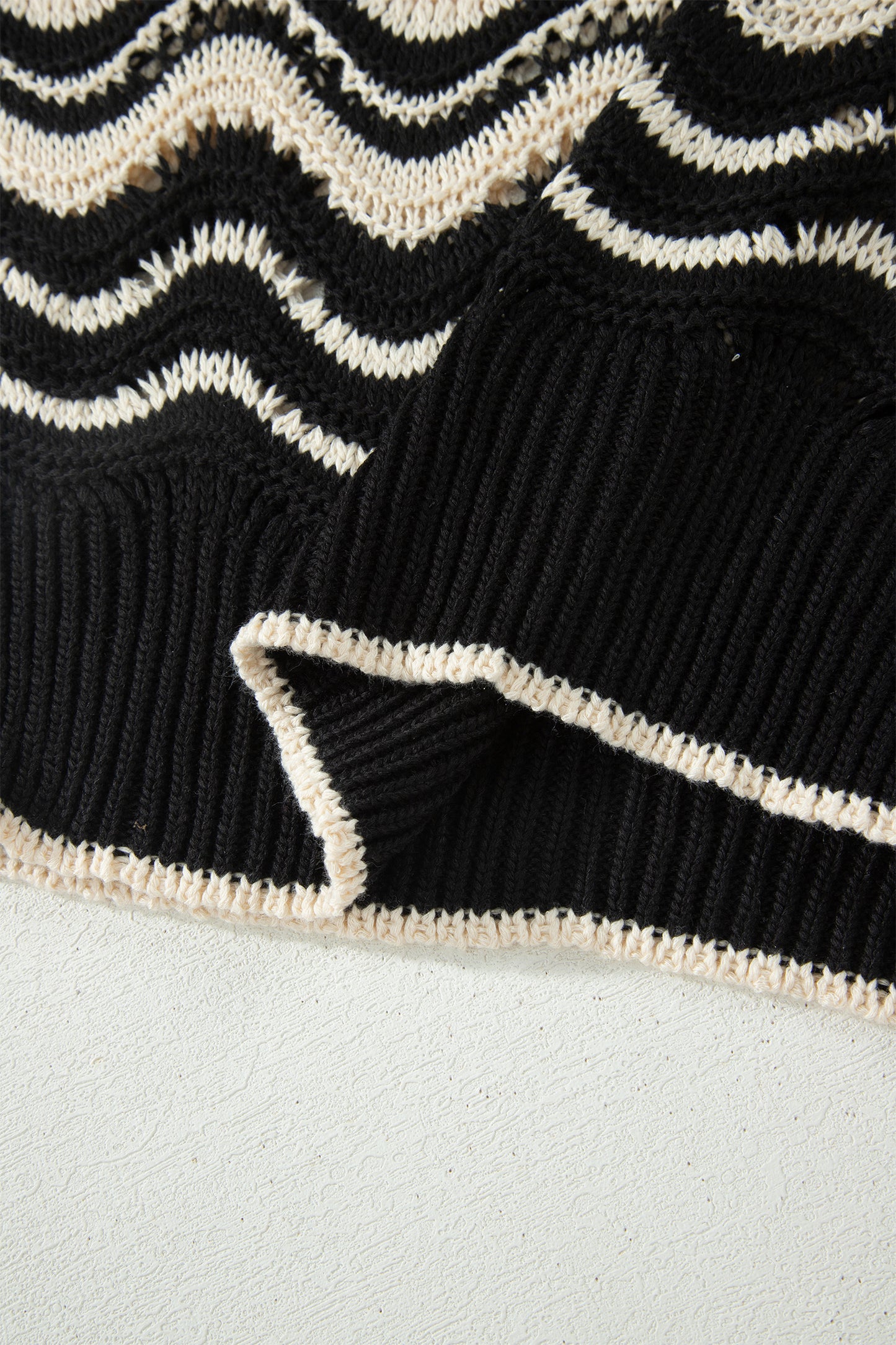 Beige Stripe Wavy Crochet Eyelet Detail Ruffle Half Sleeve Sweater-TOPS / DRESSES-[Adult]-[Female]-2022 Online Blue Zone Planet