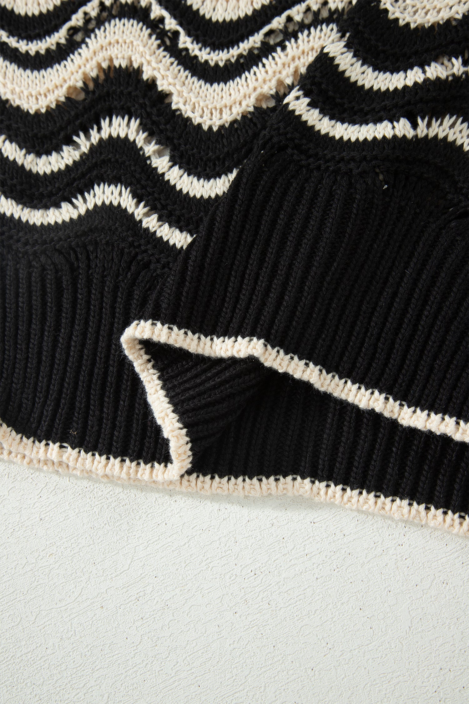 Beige Stripe Wavy Crochet Eyelet Detail Ruffle Half Sleeve Sweater-TOPS / DRESSES-[Adult]-[Female]-2022 Online Blue Zone Planet