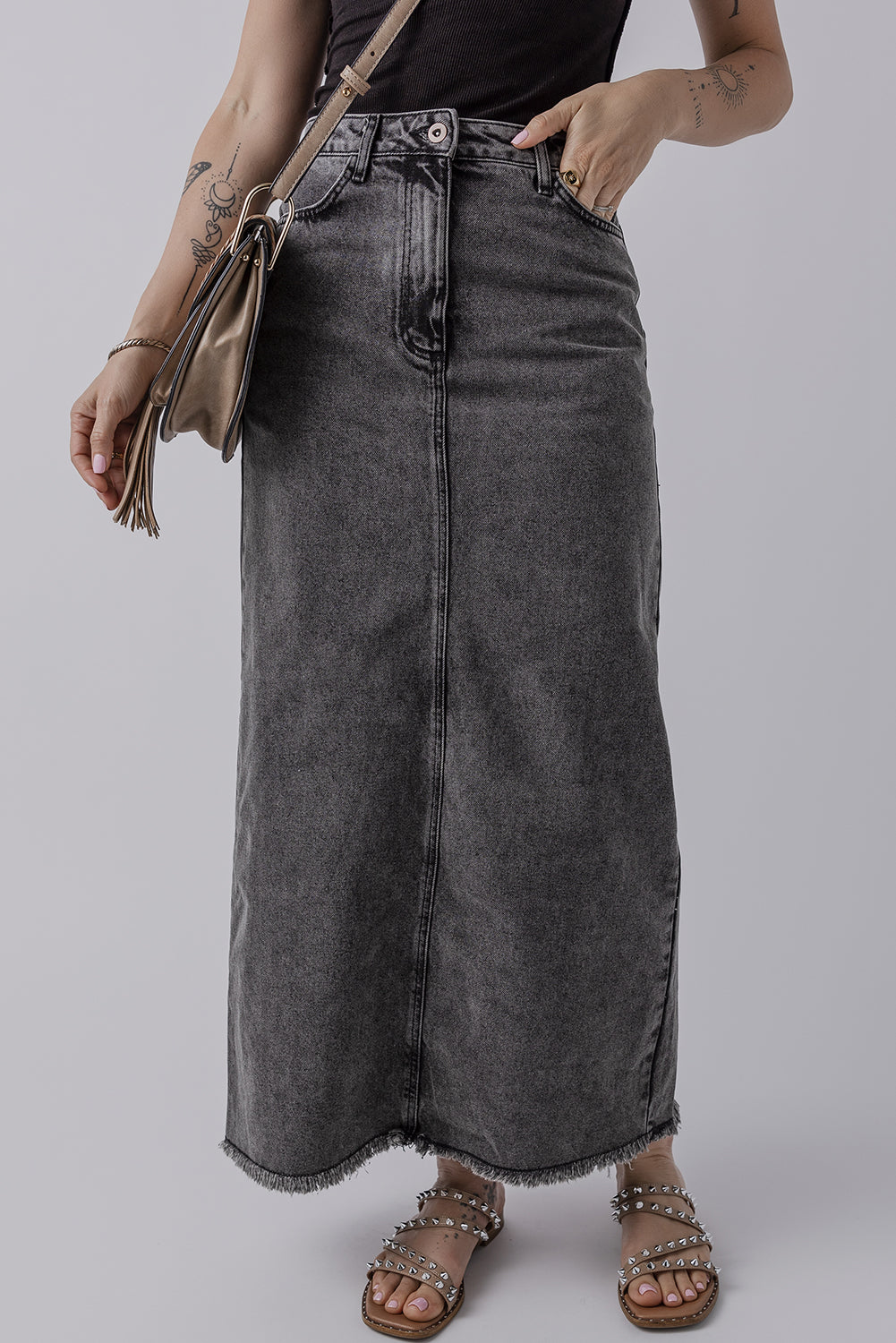 Blue Zone Planet | Dark Grey Denim Raw Hem Back Split High Waist Long Skirt-Bottoms/Skirts & Petticoat-[Adult]-[Female]-Dark Grey-S-2022 Online Blue Zone Planet