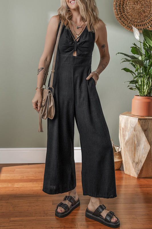 Black Front Cut Out Smocked Back Sleeveless Wide Leg Jumpsuit-Bottoms/Jumpsuits & Rompers-[Adult]-[Female]-2022 Online Blue Zone Planet