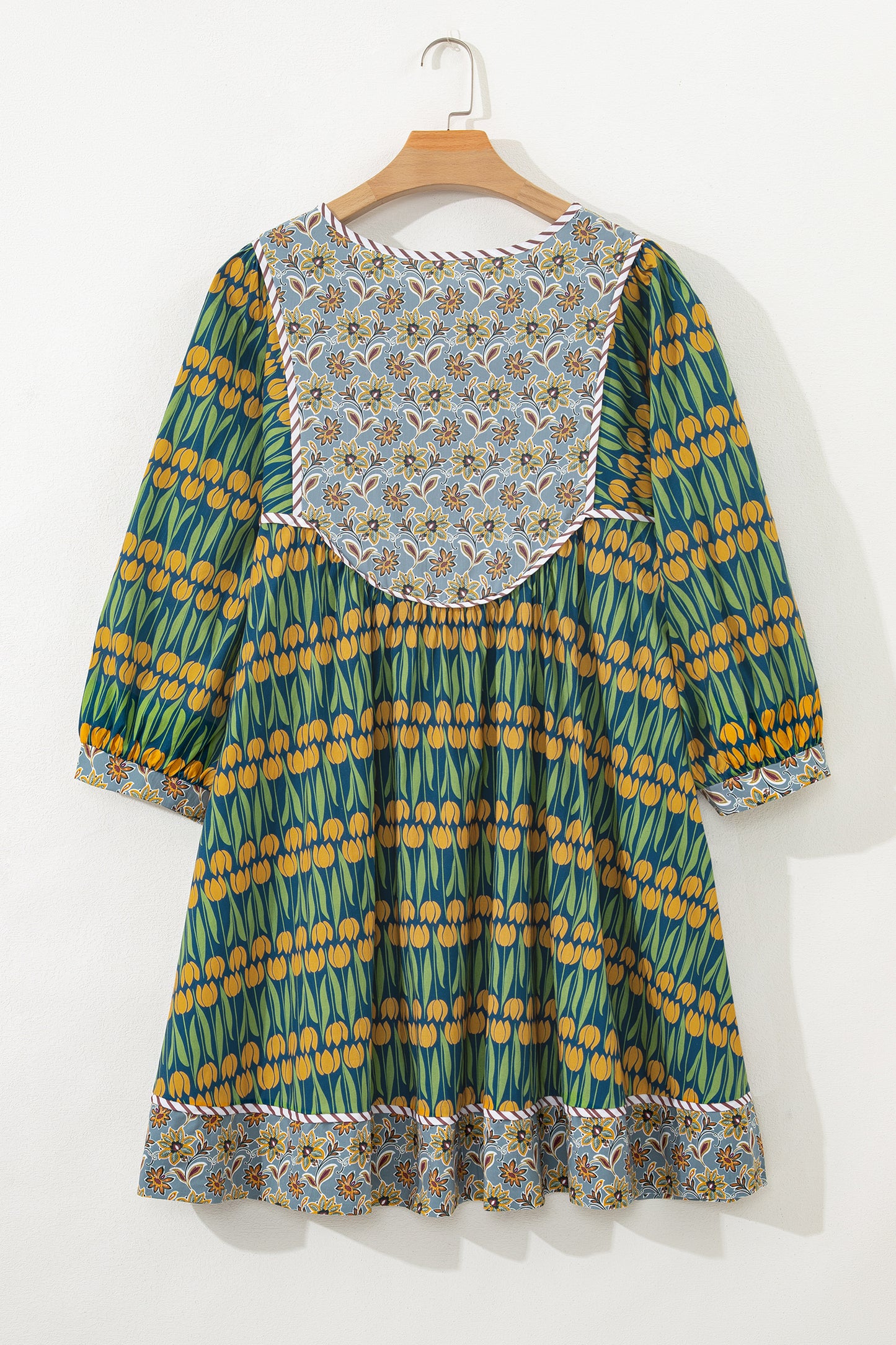 Green Plus Size Mixed Floral Print Striped Trim Loose Mini Dress-TOPS / DRESSES-[Adult]-[Female]-2022 Online Blue Zone Planet