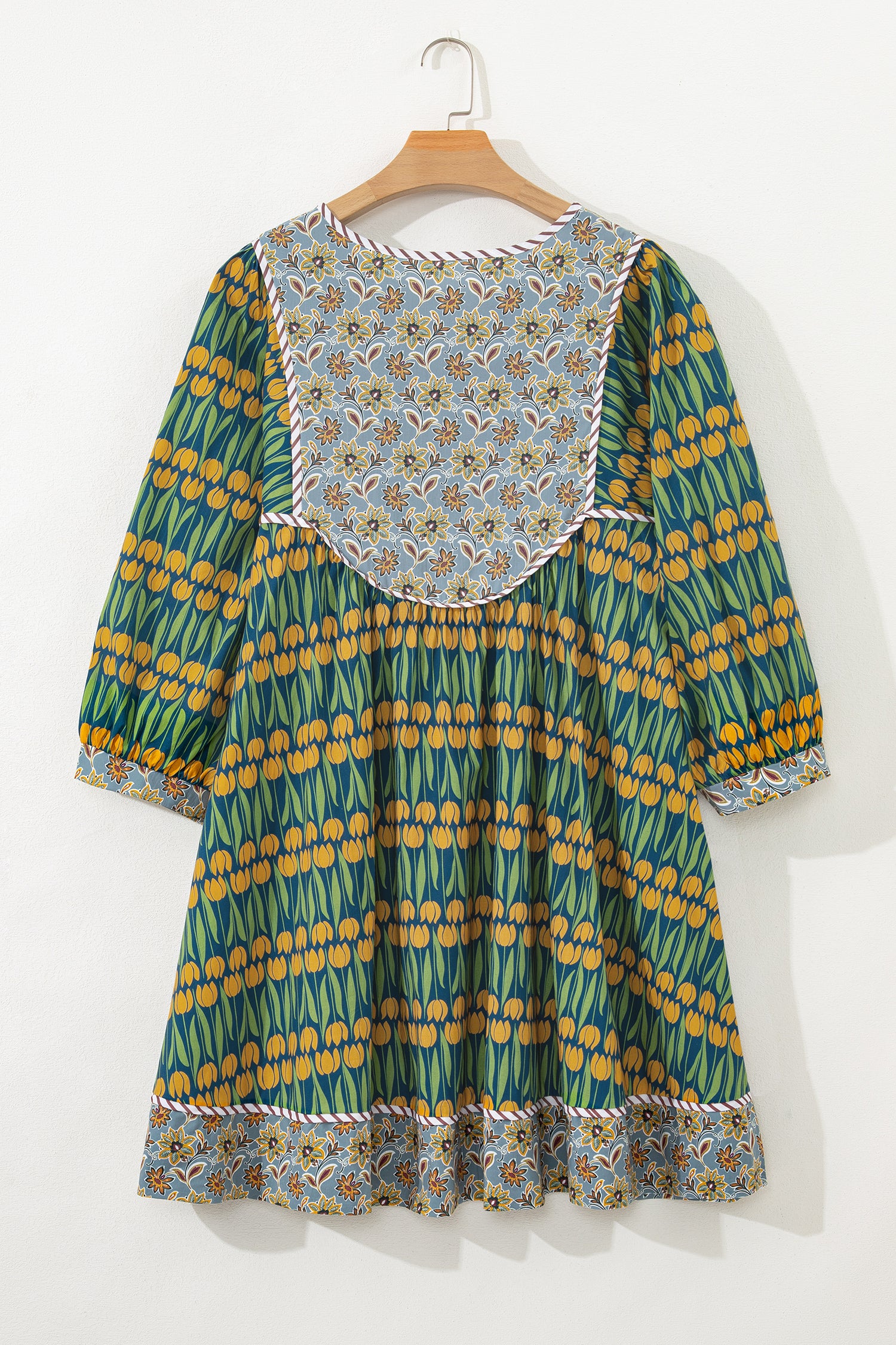 Green Plus Size Mixed Floral Print Striped Trim Loose Mini Dress-TOPS / DRESSES-[Adult]-[Female]-2022 Online Blue Zone Planet