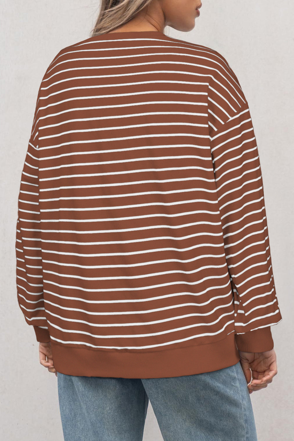 Coffee Striped Long Sleeve Round Neck Loose Top-Tops/Long Sleeve Tops-[Adult]-[Female]-2022 Online Blue Zone Planet