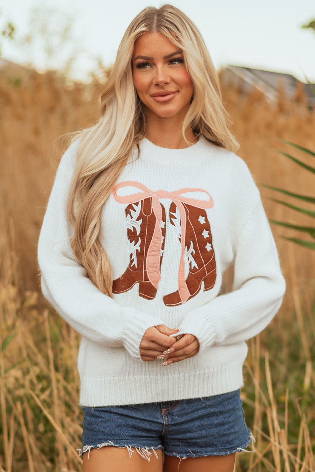 White Embroidered Bow Boots Graphic Drop Shoulder Sweater-TOPS / DRESSES-[Adult]-[Female]-2022 Online Blue Zone Planet