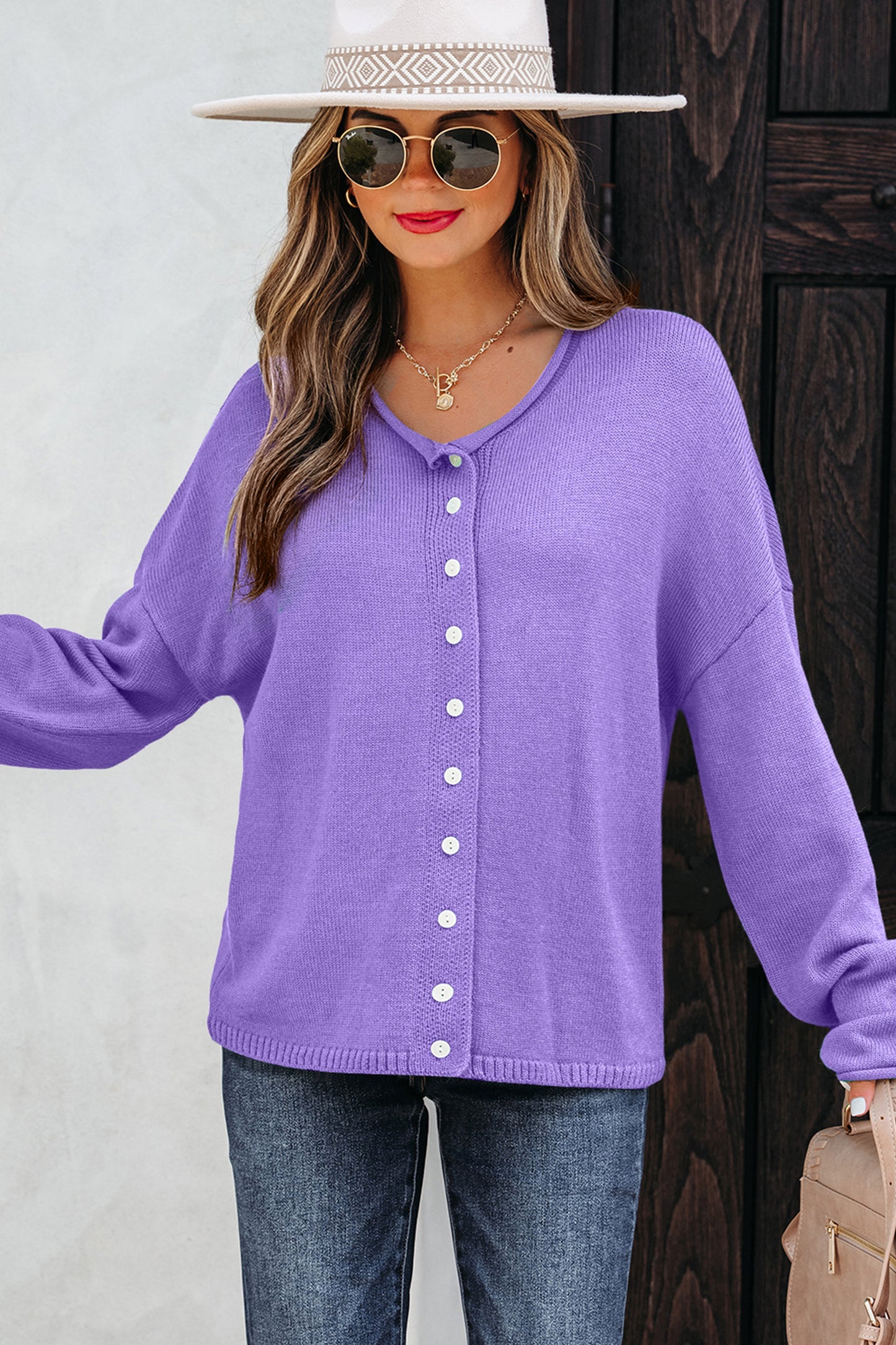 Wisteria Solid Color Knit Button Drop Shoulder Sweater Cardigan-Sweaters & Cardigans/Cardigans-[Adult]-[Female]-2022 Online Blue Zone Planet