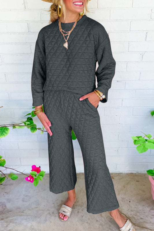 Dark Grey Solid Quilted Pullover and Pants Outfit-Two Piece Sets/Pant Sets-[Adult]-[Female]-Dark Grey-S-2022 Online Blue Zone Planet
