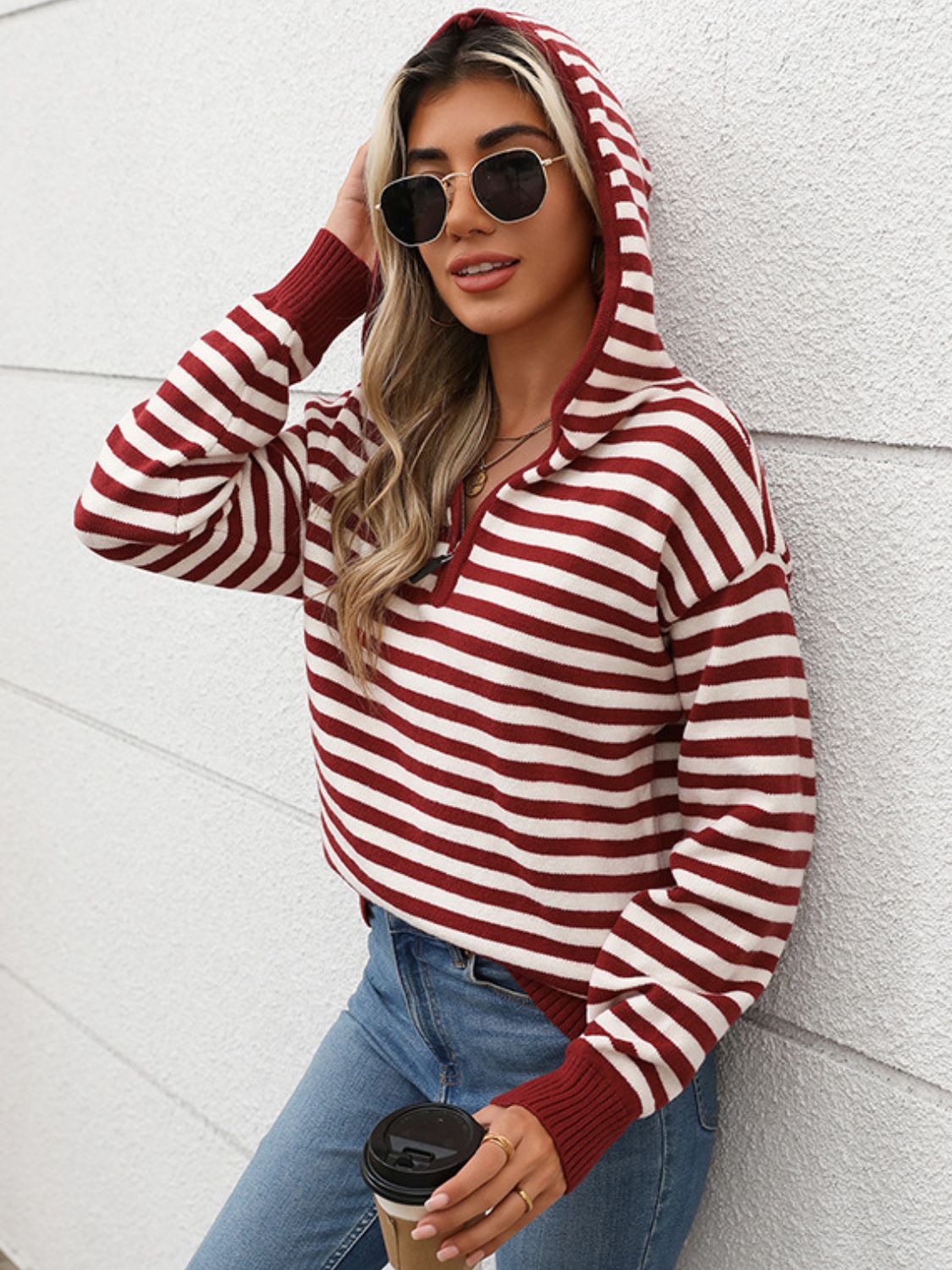 Perfee Striped Long Sleeve Hooded Sweater-TOPS / DRESSES-[Adult]-[Female]-2022 Online Blue Zone Planet