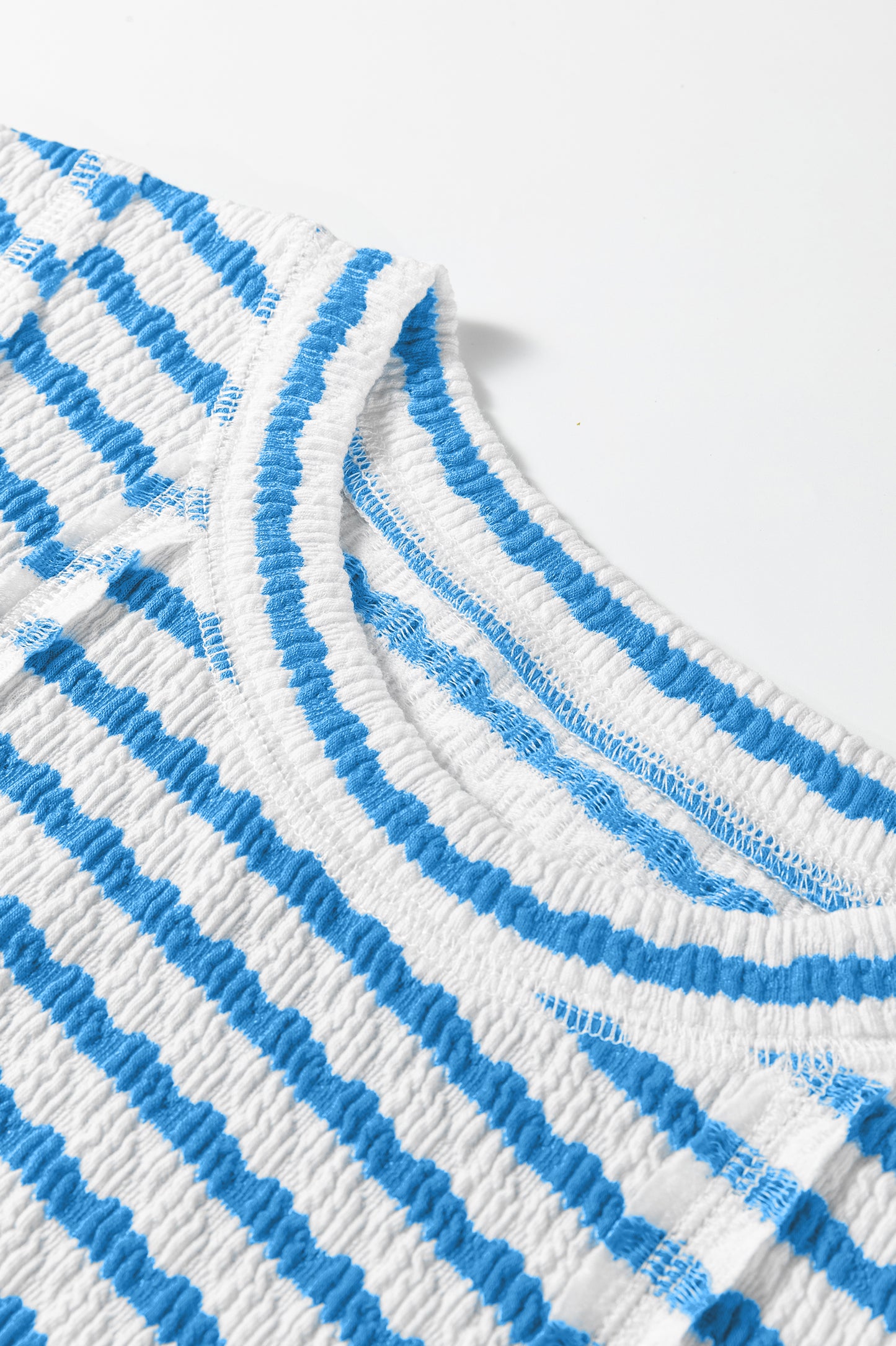 Blue Stripe Textured Short Sleeve Patchwork T Shirt-Tops/Tops & Tees-[Adult]-[Female]-2022 Online Blue Zone Planet