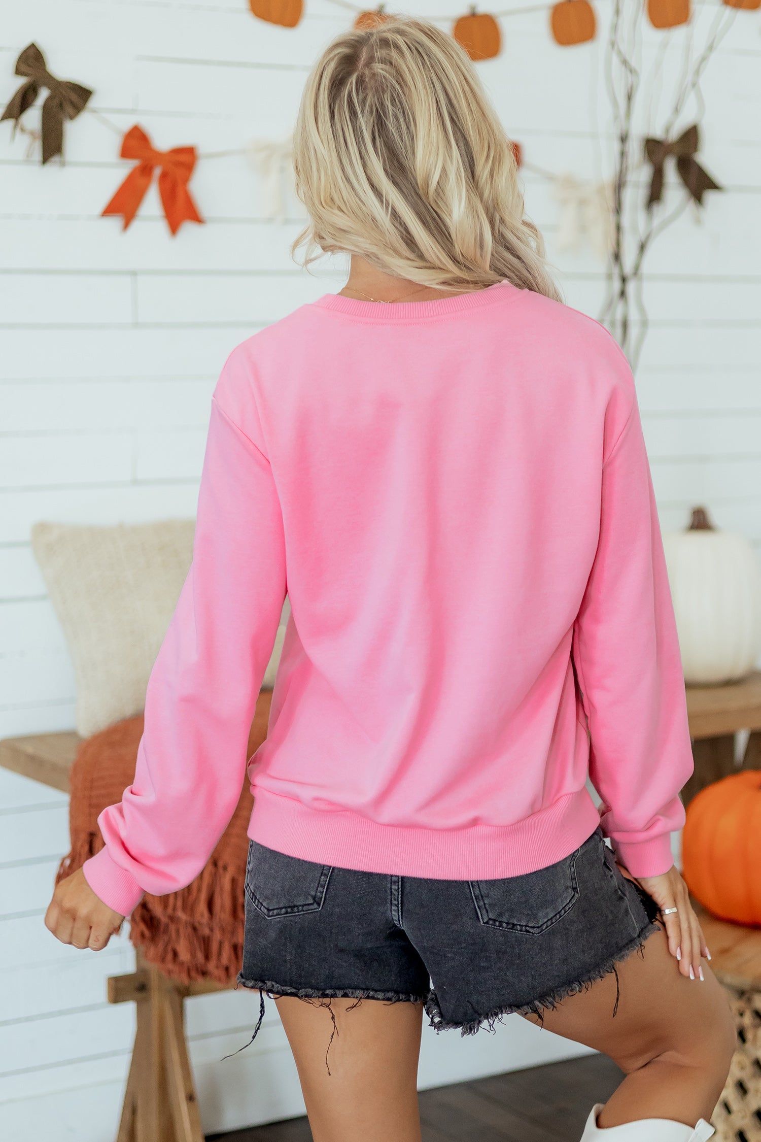 Pink Embroidered Pumpkin Face Long Sleeve Round Neck Sweatshirt-Tops/Sweatshirts & Hoodies-[Adult]-[Female]-2022 Online Blue Zone Planet