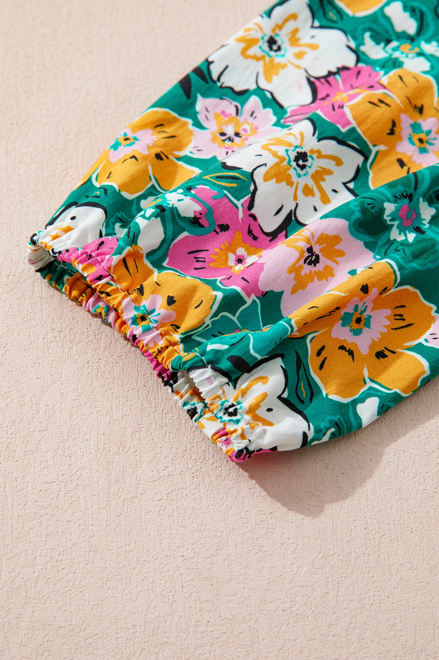 Green Floral Print Contrast Trim Frilled V Neck 3/4 Sleeve Blouse-Tops/Blouses & Shirts-[Adult]-[Female]-2022 Online Blue Zone Planet