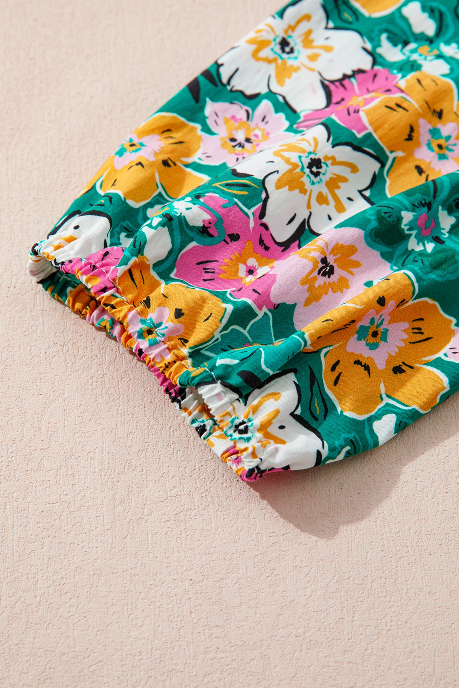 Green Floral Print Contrast Trim Frilled V Neck 3/4 Sleeve Blouse-Tops/Blouses & Shirts-[Adult]-[Female]-2022 Online Blue Zone Planet