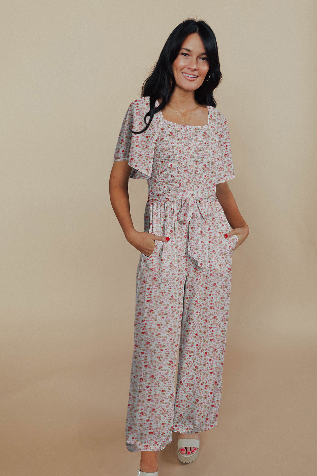 White Smocked Short Sleeve Wide Leg Floral Print Jumpsuit-Bottoms/Jumpsuits & Rompers-[Adult]-[Female]-2022 Online Blue Zone Planet