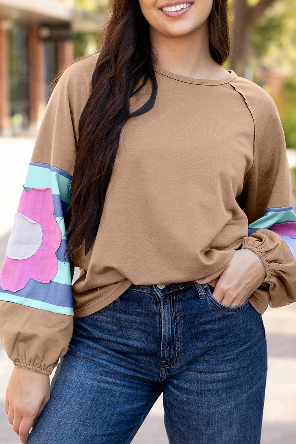 Sail Blue Flower Patchwork Raglan Sleeve Exposed Seam Oversized Top-Tops/Long Sleeve Tops-[Adult]-[Female]-DUNE-S-2022 Online Blue Zone Planet