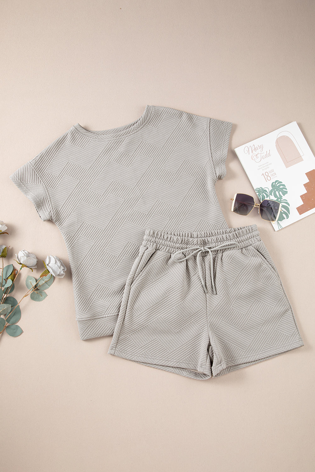 Gray Solid Color Textured Loose Top Casual Two Piece Short Set-Two Piece Sets/Short Sets-[Adult]-[Female]-2022 Online Blue Zone Planet