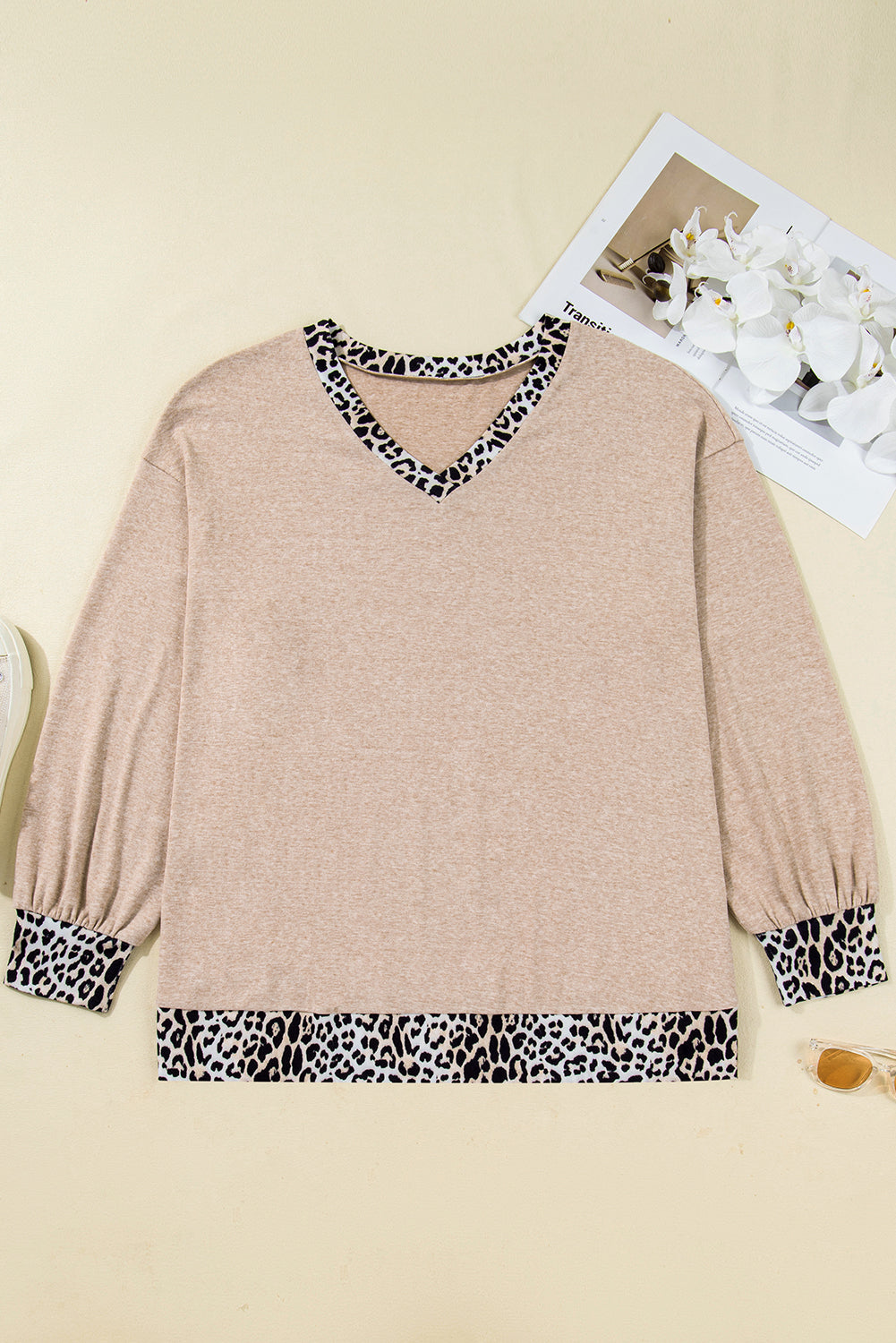 Parchment Leopard Patchwork V Neck Long Sleeve Plus Size Top-Plus Size/Plus Size Tops/Plus Size Long Sleeve Tops-[Adult]-[Female]-2022 Online Blue Zone Planet