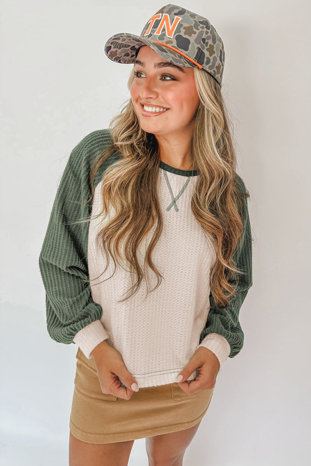Mist Green Waffle Color Block Raglan Sleeve Top-Tops/Long Sleeve Tops-[Adult]-[Female]-2022 Online Blue Zone Planet
