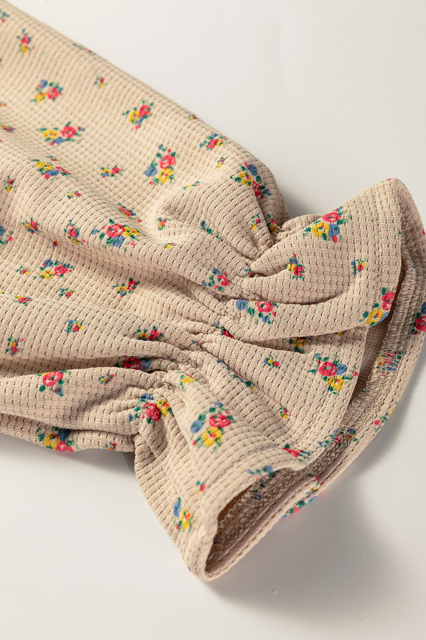 Mist Green Boho Floral Plaid Patchwork Distressed Detail Ruffled Sleeve Waffle Knit Shacket-Outerwear/Plaid Shackets-[Adult]-[Female]-2022 Online Blue Zone Planet