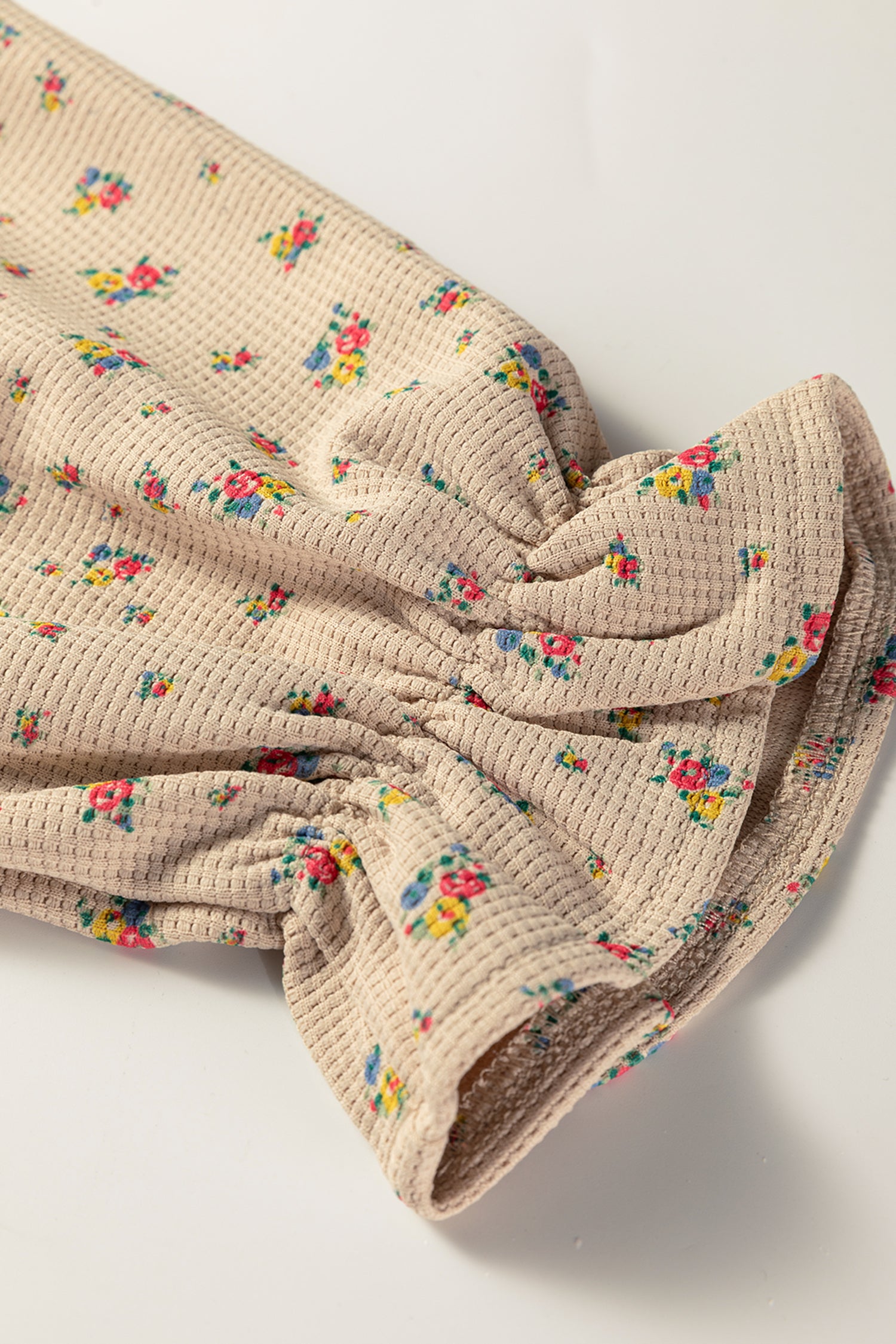 Mist Green Boho Floral Plaid Patchwork Distressed Detail Ruffled Sleeve Waffle Knit Shacket-Outerwear/Plaid Shackets-[Adult]-[Female]-2022 Online Blue Zone Planet