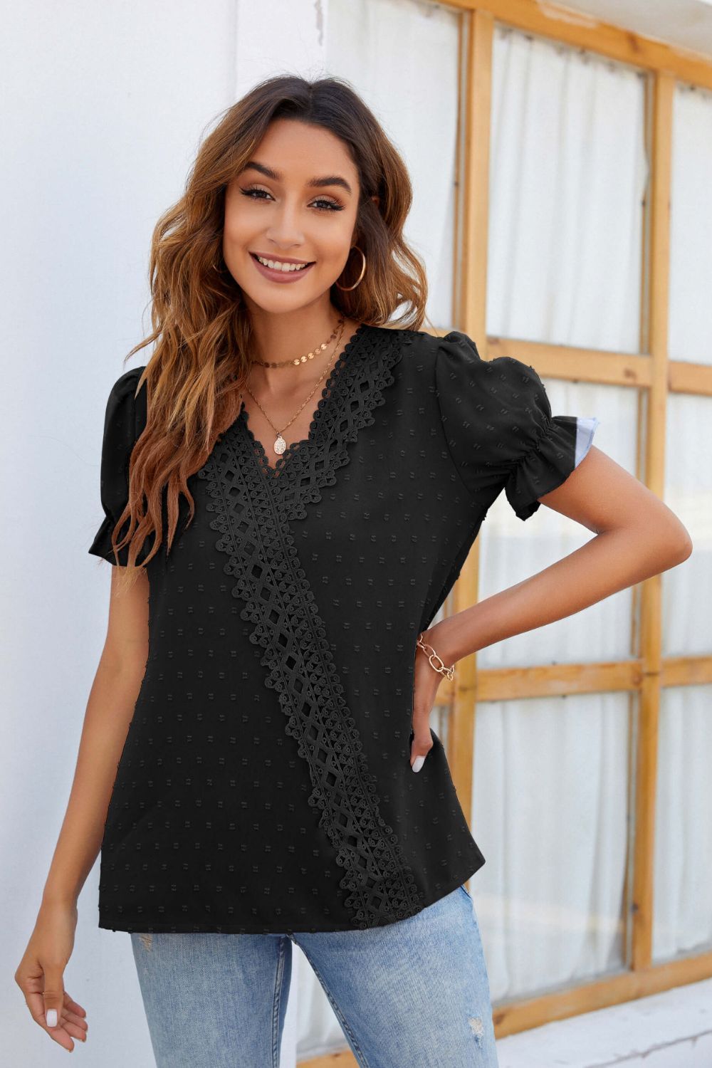 Mandy Swiss Dot Lace Detail V-Neck Short Sleeve Blouse-TOPS / DRESSES-[Adult]-[Female]-Black-S-2022 Online Blue Zone Planet