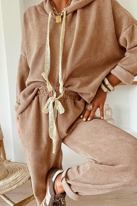 Casual Lace Drawstring Pullover Hoodie and High Waist Pants Corduroy Suit-Tops / Dresses-[Adult]-[Female]-Smoke Gray-S-2022 Online Blue Zone Planet