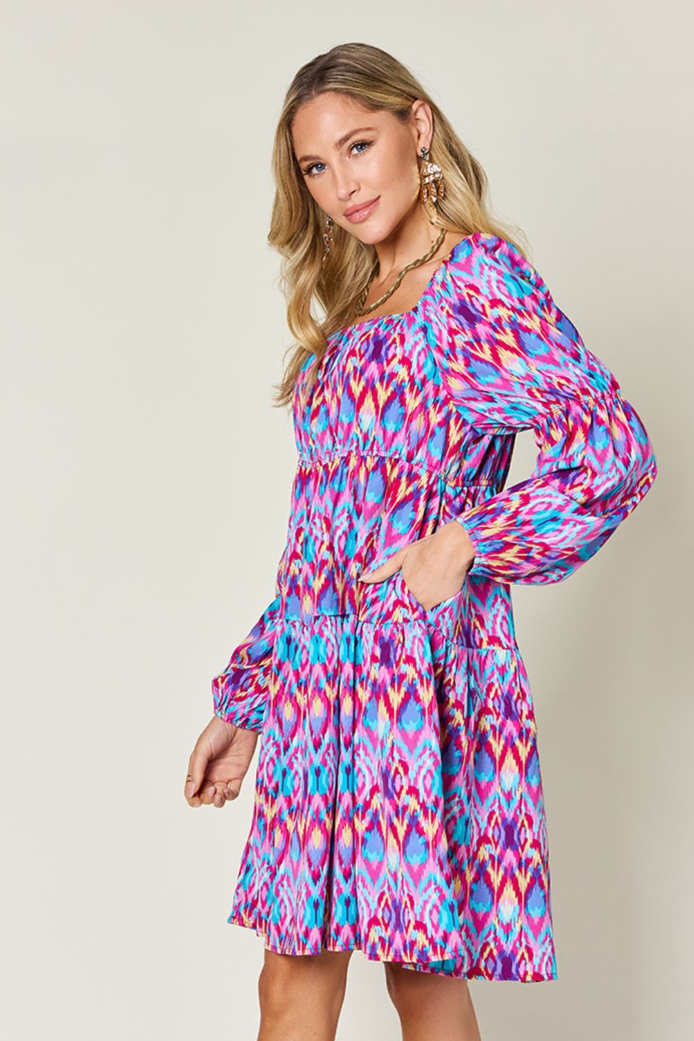 Double Take Full Size Printed Long Sleeve Dress-TOPS / DRESSES-[Adult]-[Female]-2022 Online Blue Zone Planet