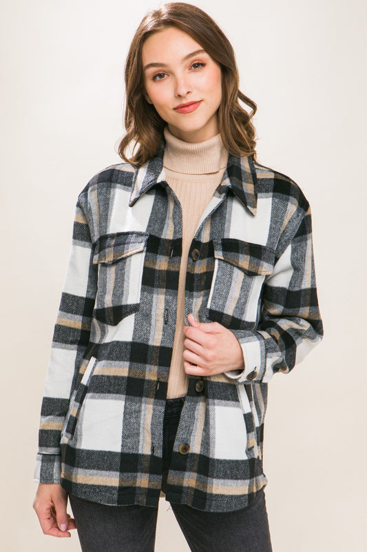 Blue Zone Planet | Love Tree Plaid Button Up Shacket-TOPS / DRESSES-[Adult]-[Female]-Black-S-2022 Online Blue Zone Planet