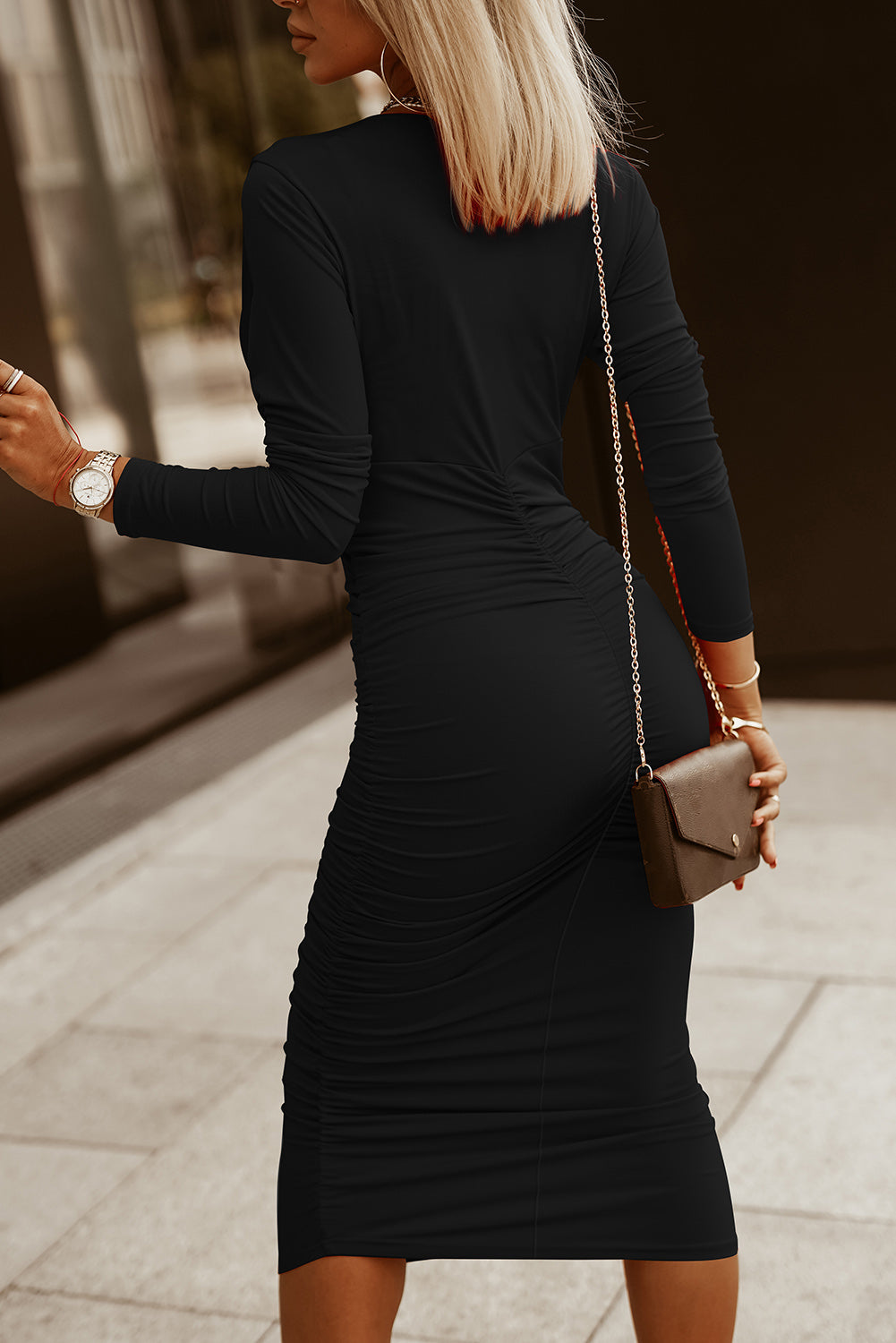 Black Long Sleeves Wrap V Neck Ruched Sheath Midi Dress-TOPS / DRESSES-[Adult]-[Female]-2022 Online Blue Zone Planet