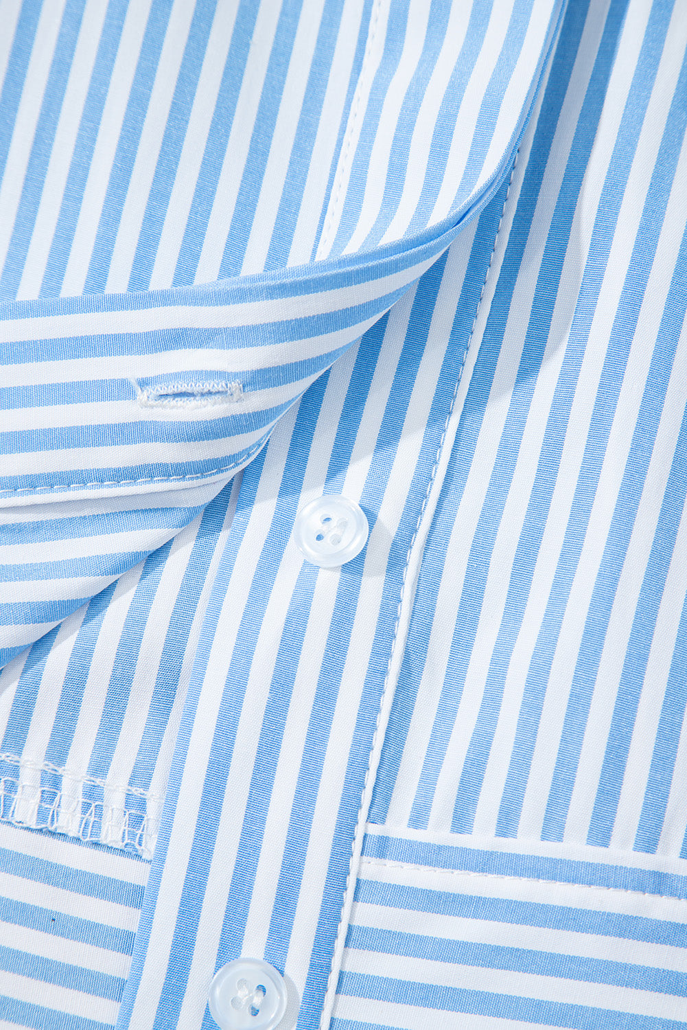 Sky Blue Stripe Contrast Collar Patchwork Hidden Button Short Sleeve Summer Shirt-Tops/Blouses & Shirts-[Adult]-[Female]-2022 Online Blue Zone Planet