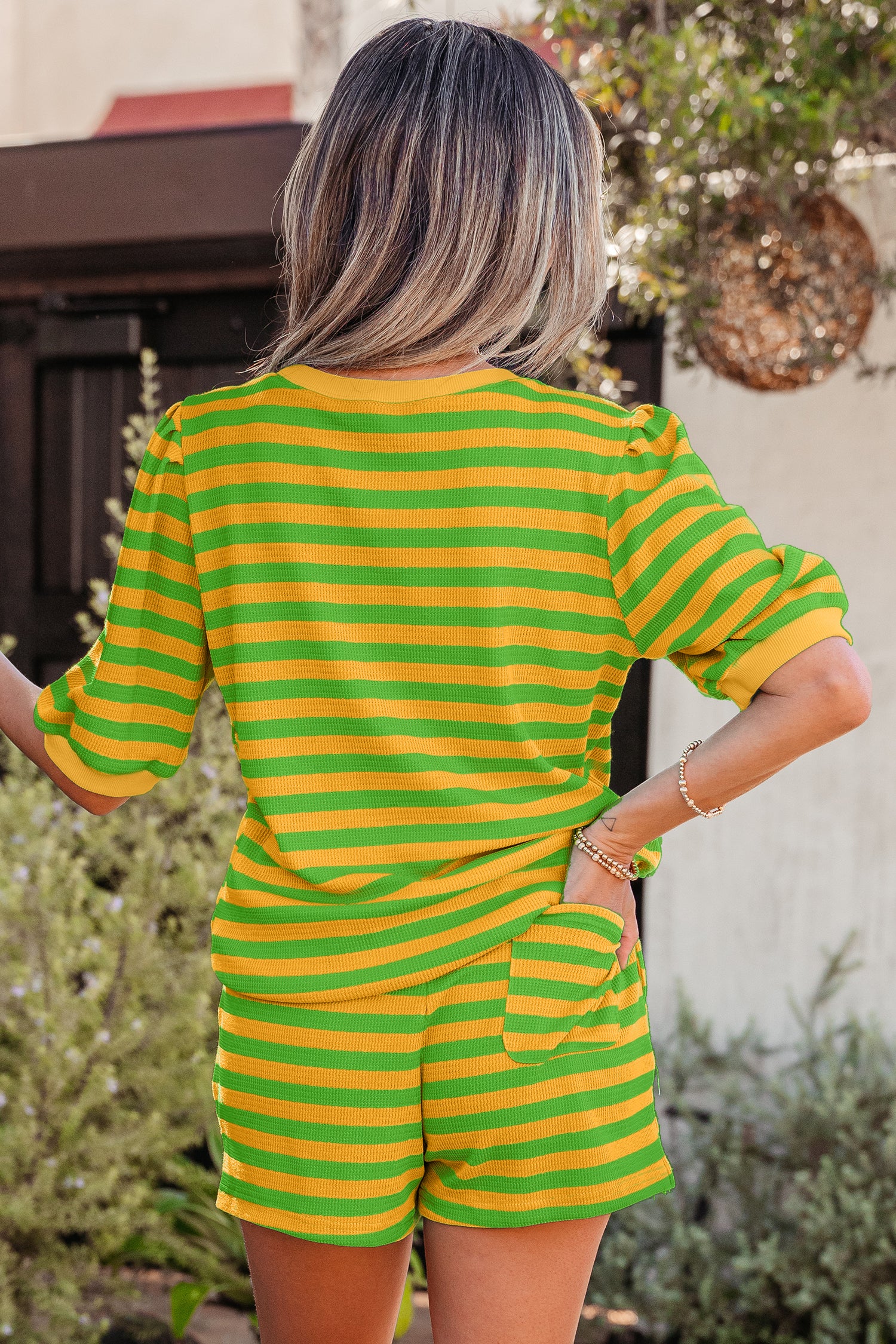 Yellow Stripe Puff Short Sleeve T Shirt Matching Shorts Set-Two Piece Sets/Short Sets-[Adult]-[Female]-2022 Online Blue Zone Planet