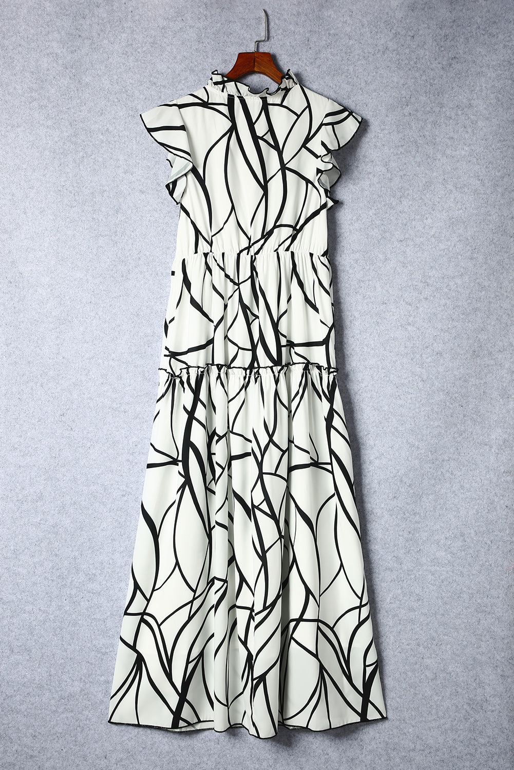 White Abstract Print V Neck Ruffle Maxi Dress-Maxi Dresses-[Adult]-[Female]-2022 Online Blue Zone Planet