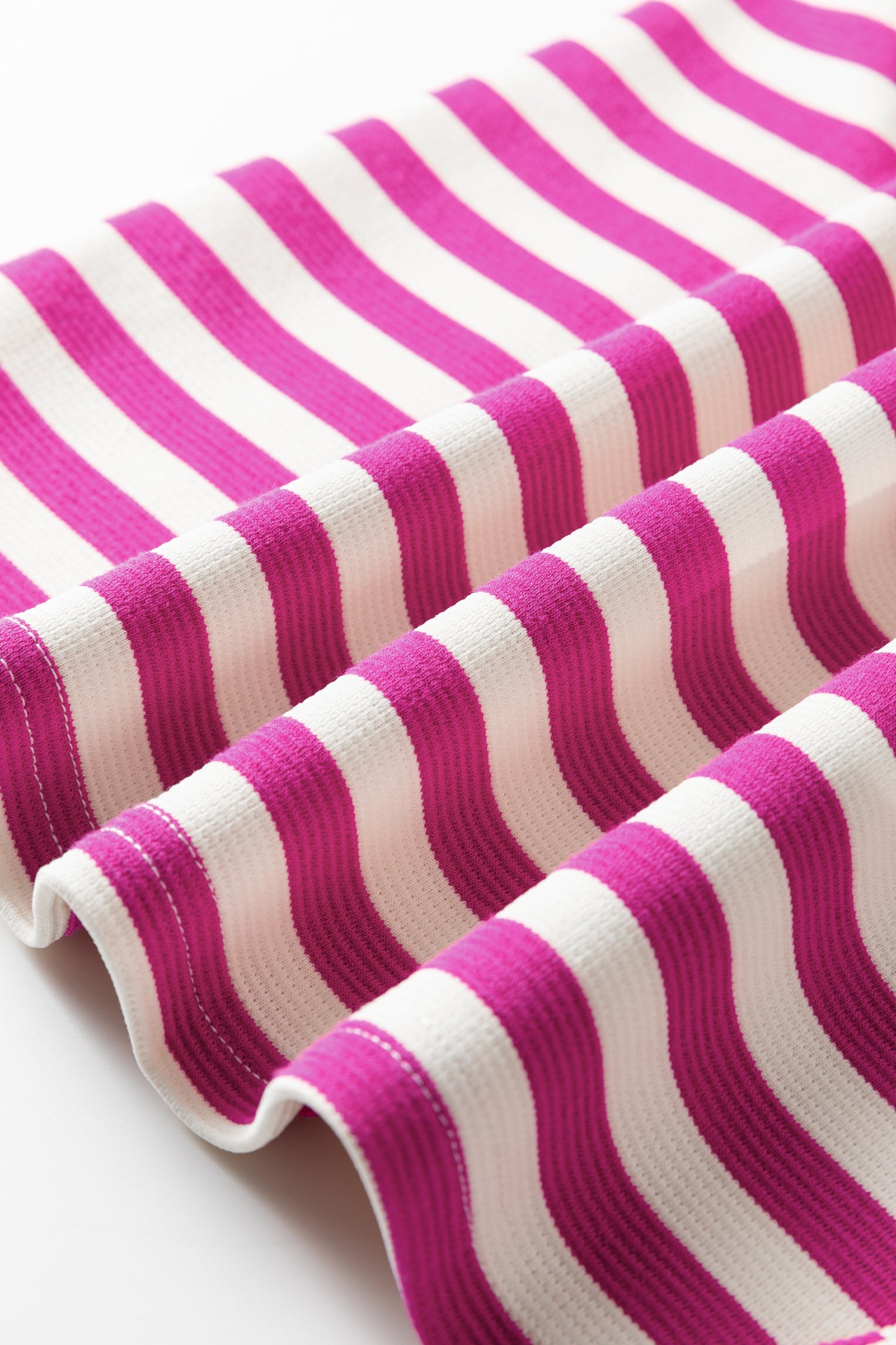 Rose Stripe Short Puff Sleeve Contrast Trim Round Neck Tee-Tops/Tops & Tees-[Adult]-[Female]-2022 Online Blue Zone Planet