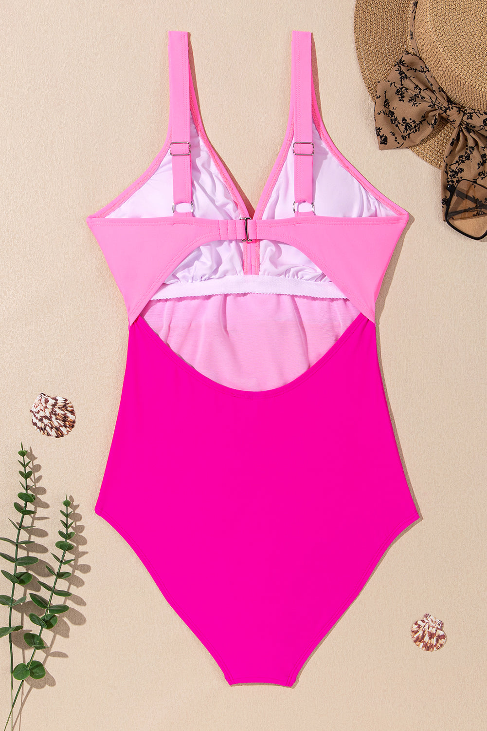 Sachet Pink V Neck Twisted Cutout Color Block One Piece Swimsuit-One Piece Swimsuit-[Adult]-[Female]-2022 Online Blue Zone Planet