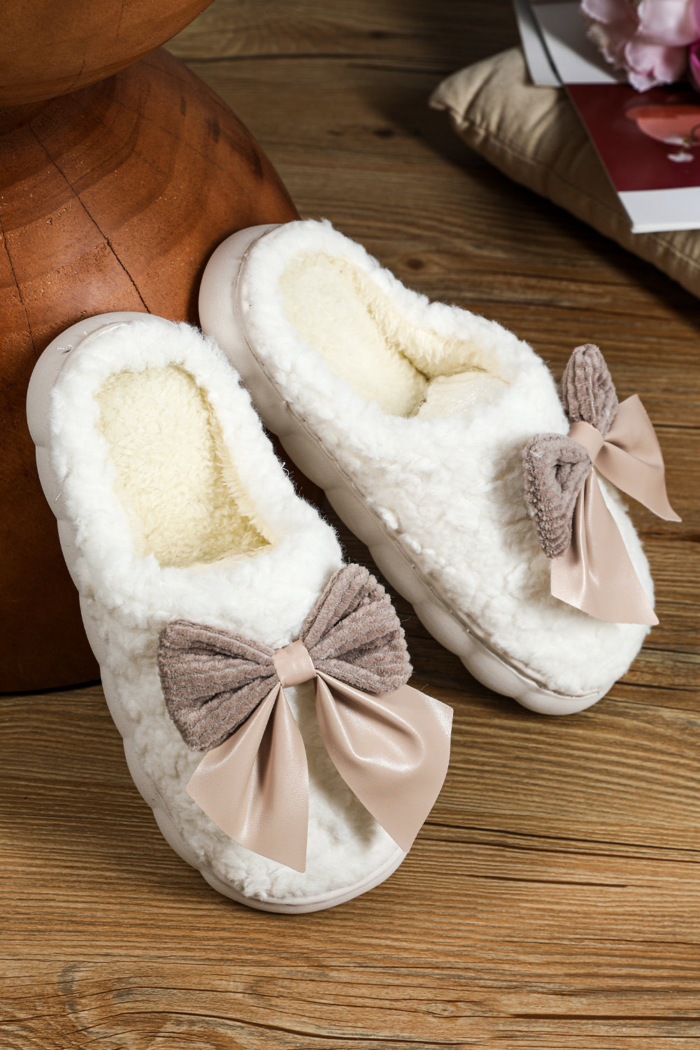 Blue Zone Planet | Pink Contrast Bowknot Applique Plush Winter Slippers-SHOES-[Adult]-[Female]-2022 Online Blue Zone Planet