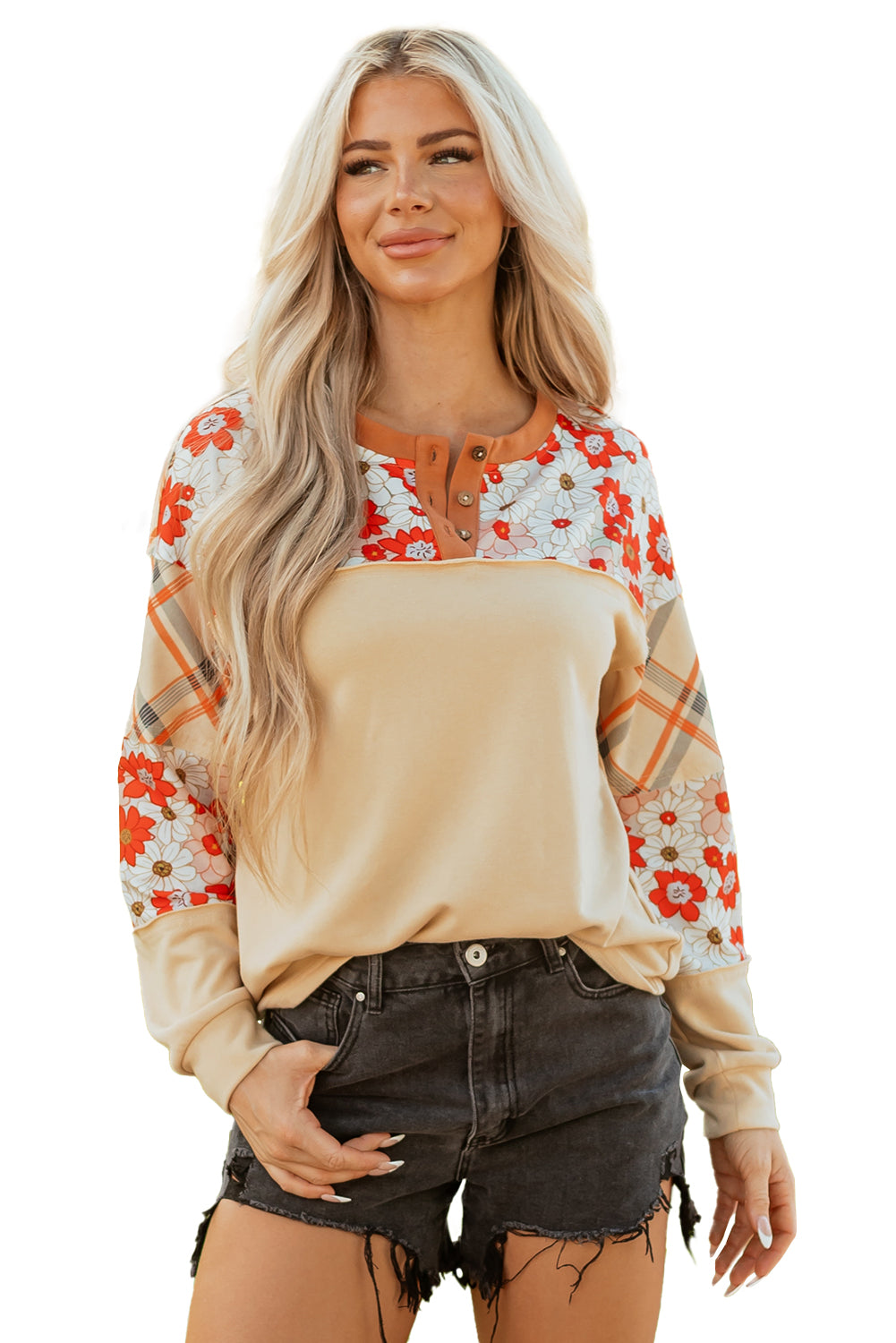 Parchment Floral Plaid Patchwork Casual Top-Tops/Long Sleeve Tops-[Adult]-[Female]-2022 Online Blue Zone Planet